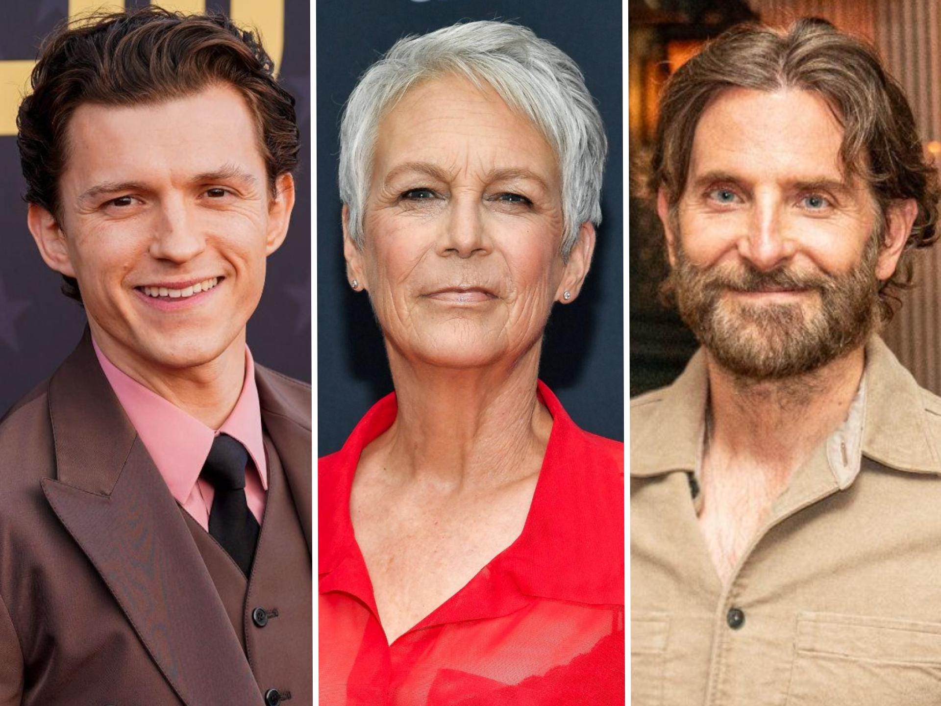 A composite of actors Tom Holland, Jamie Lee Curtis, and Bradley Cooper.