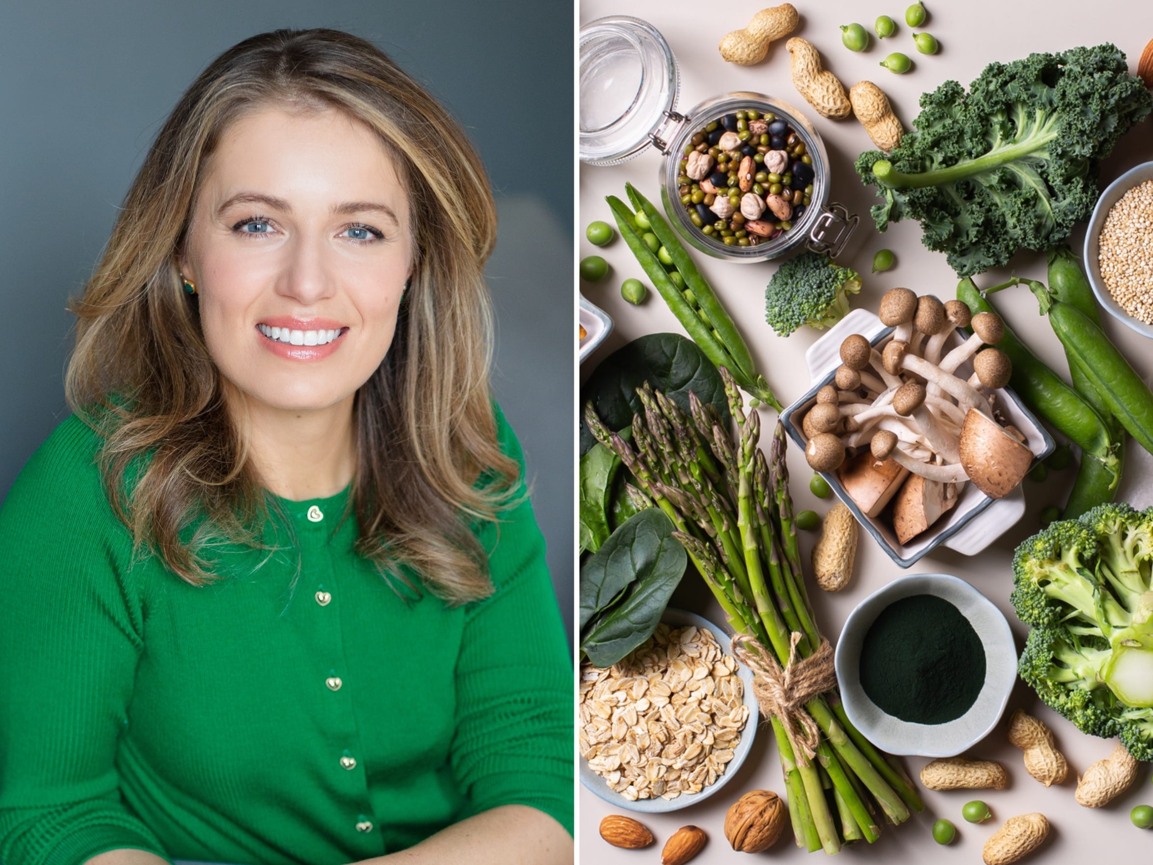 Composite image of a headshot of Federica Amati, next to a bird's-eye shot of vegetables and nuts on a table.