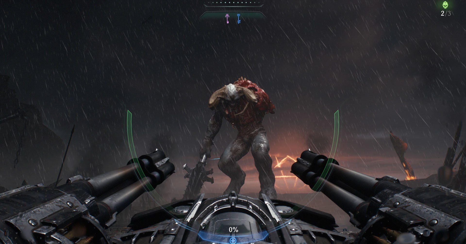 Doom The Dark Ages screenshot showing a large demon without their left arm and holding a giant mace with the right one. The perspective is from a kind of sentry gun we use to kill them.