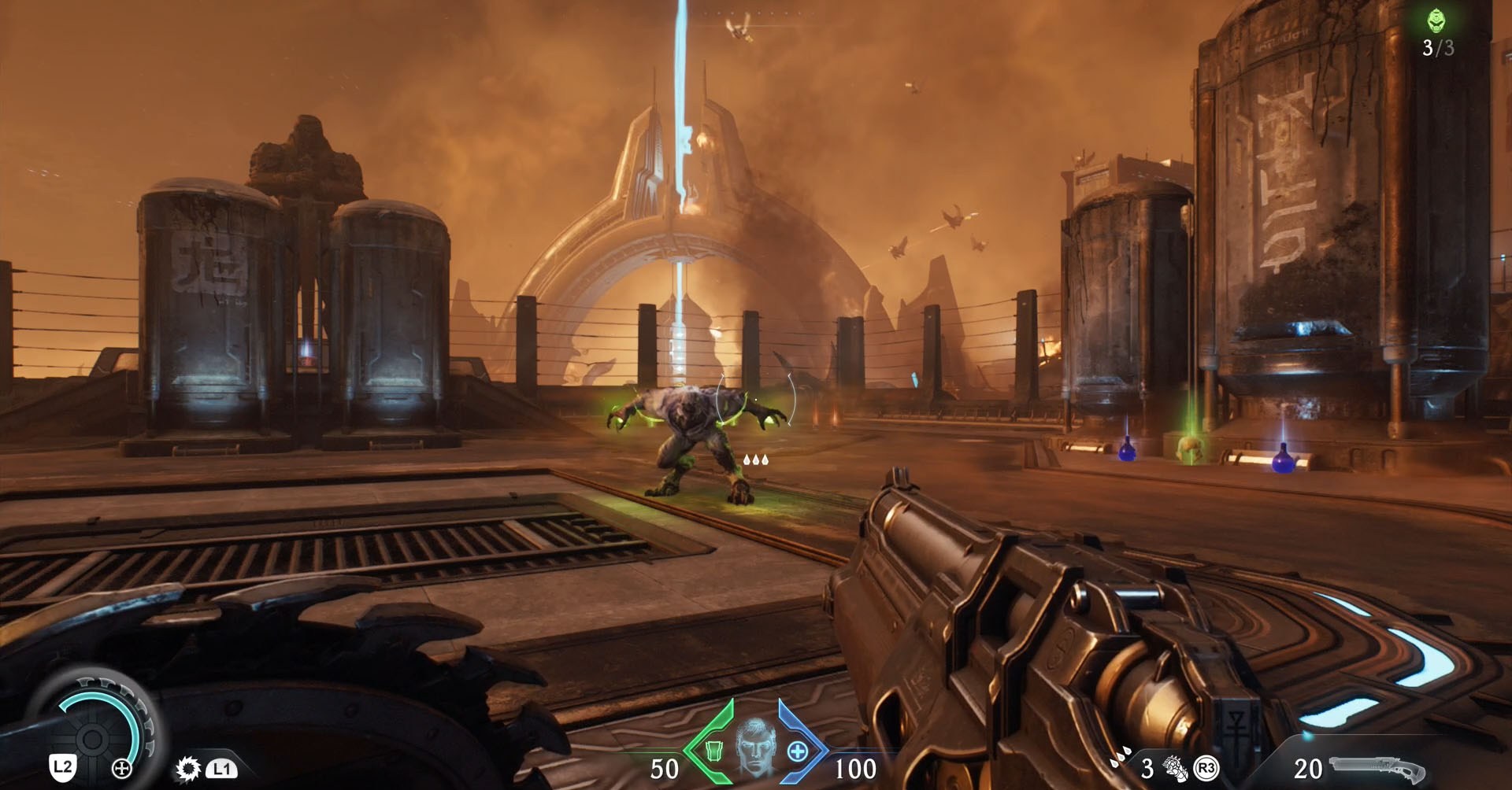 Doom The Dark Ages screenshot showing the Doom Slayer faing a demon who has green energy around their hands.
