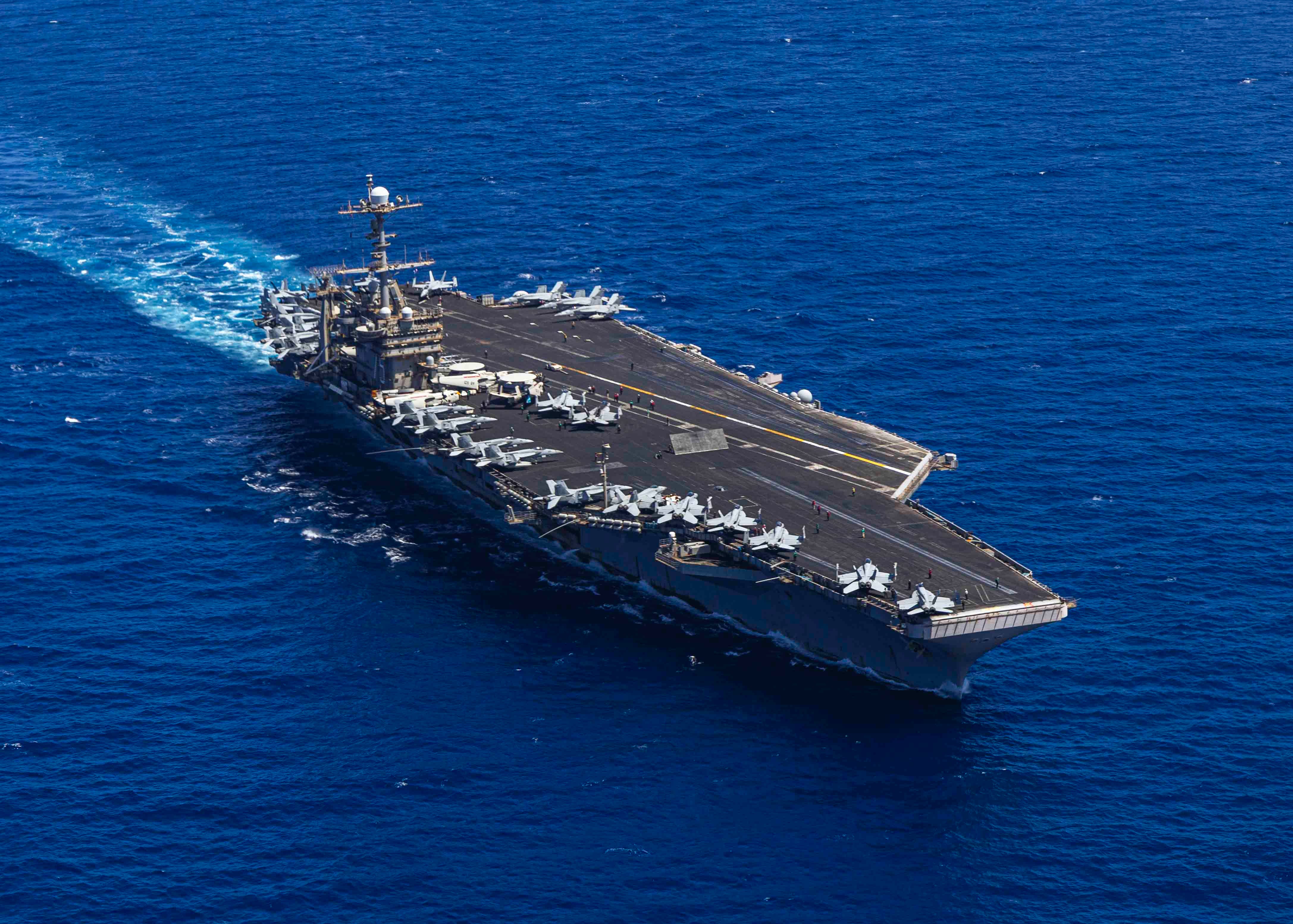 The Nimitz-class aircraft carrier USS Harry S. Truman sails through the Mediterranean Sea May 18. USS Harry S. Truman, the flagship of the Harry S. Truman Carrier Strike Group (HSTCSG), is on a scheduled deployment in the U.S. 6th Fleet area of operations supporting U.S. Naval Forces Europe-Africa to defend U.S., allied and partner interests.
