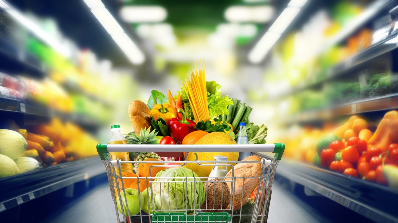 grocery cart filled with produce