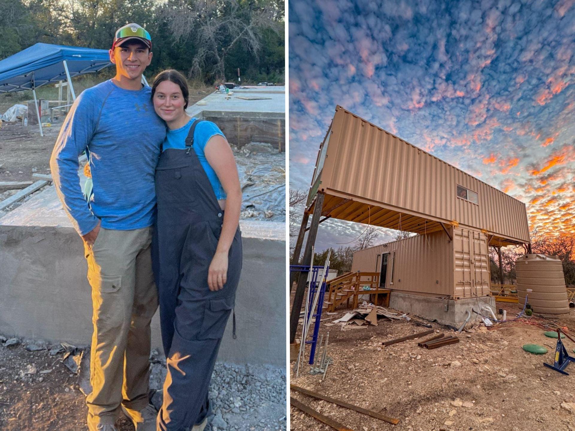 A side-by-side of a couple smiling together and a shipping container home.