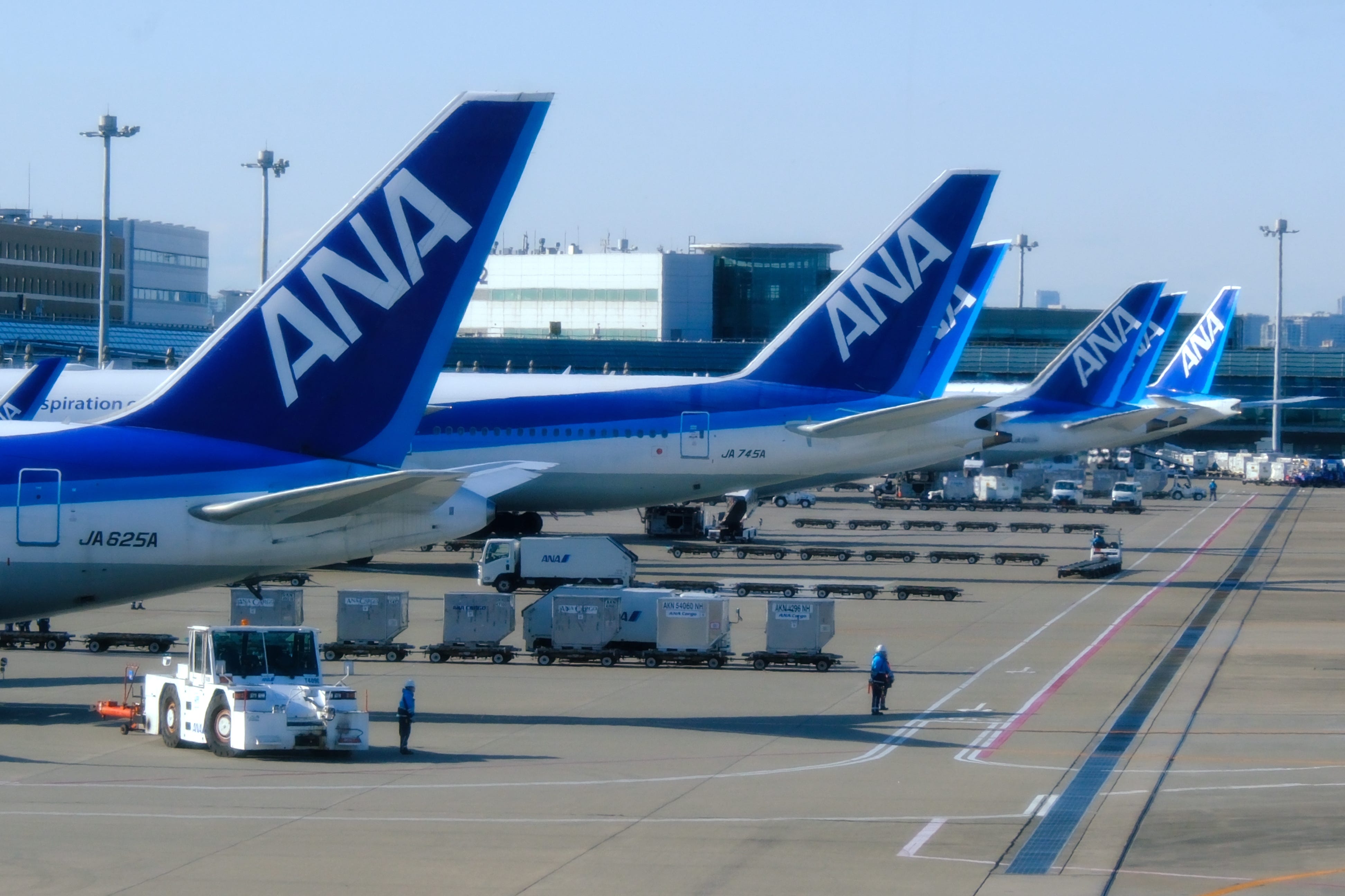 All Nippon Airways (ANA) airplanes seen at the Tokyo International Airport.