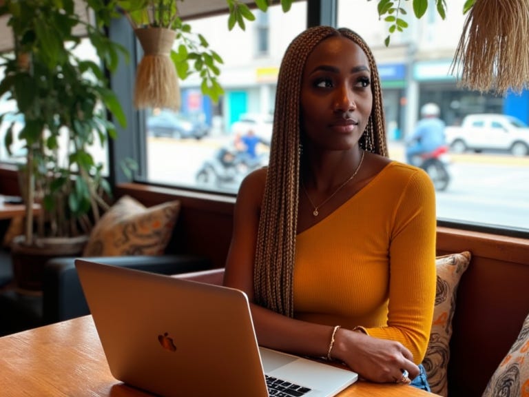 A woman posing with a laptop in a cafe in Bangkok.
