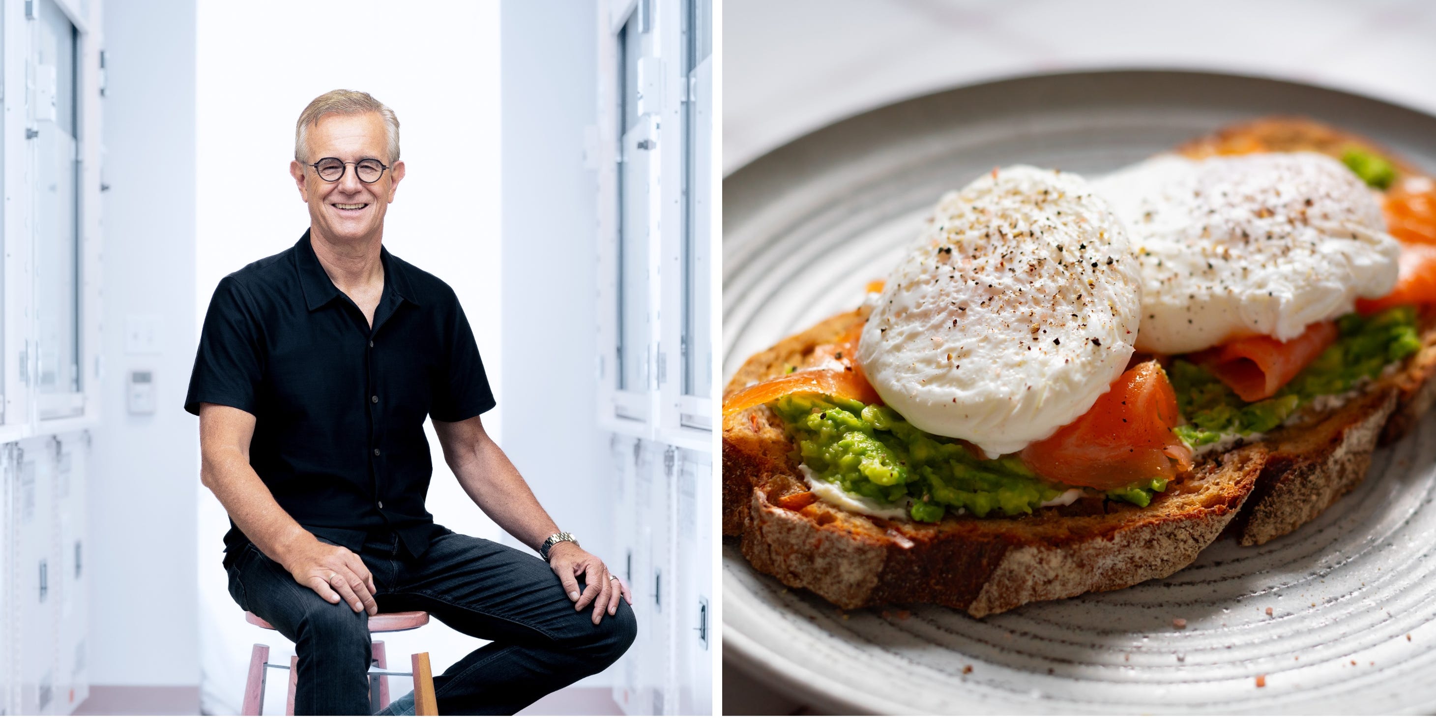 A composite image. On the left, a man sits on a stool. On the right, poached eggs, smoked salmon, and avocado on toast.