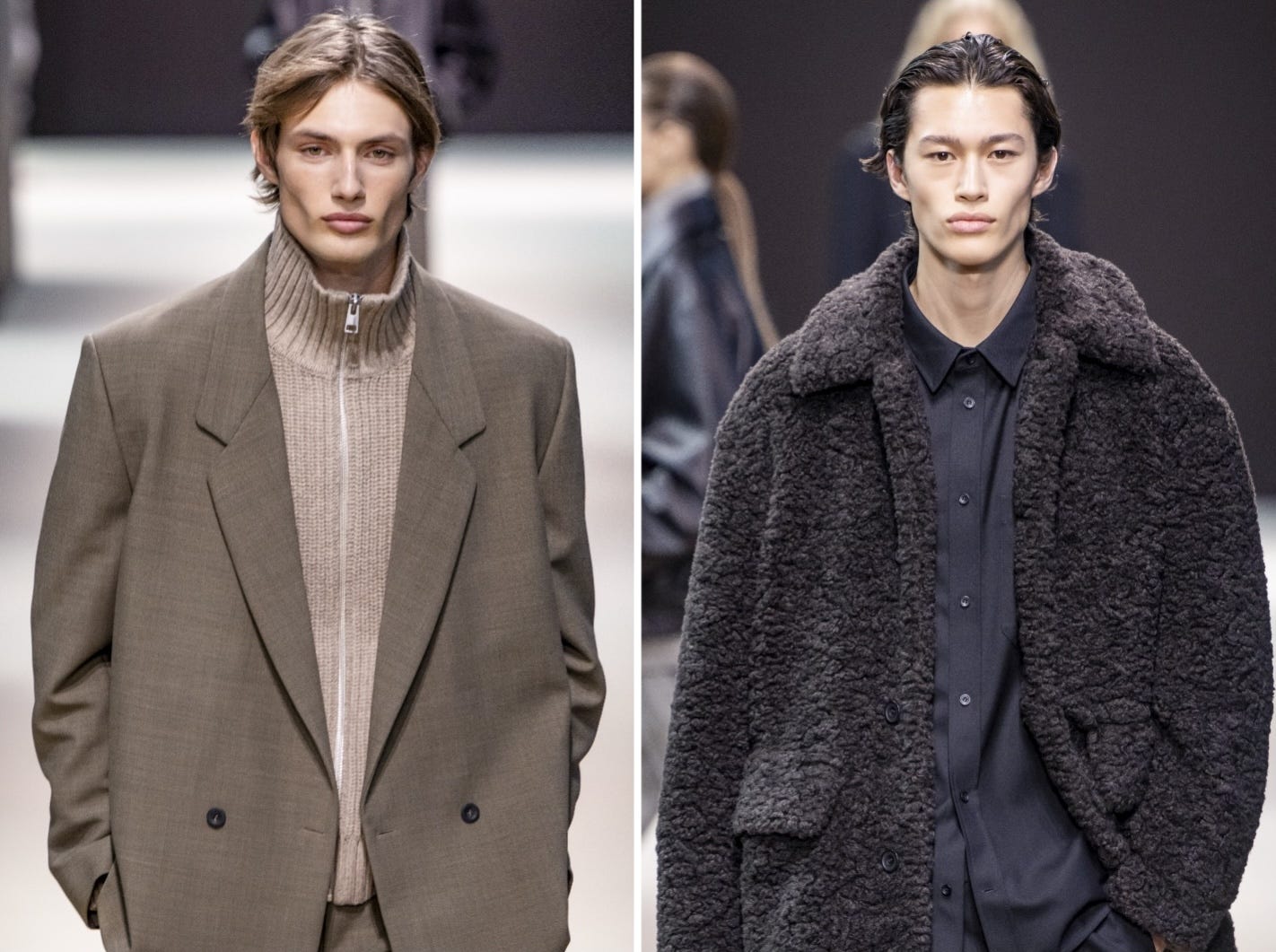 Two men walk the 2024 COS runway in winter menswear.