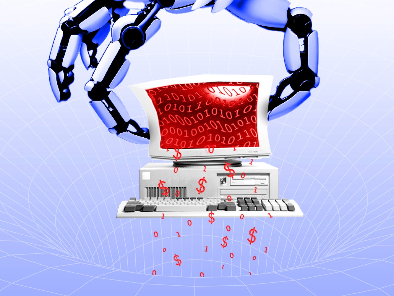 AI Robot hand squeezing data, binary code and dollar signs out of a desktop computer