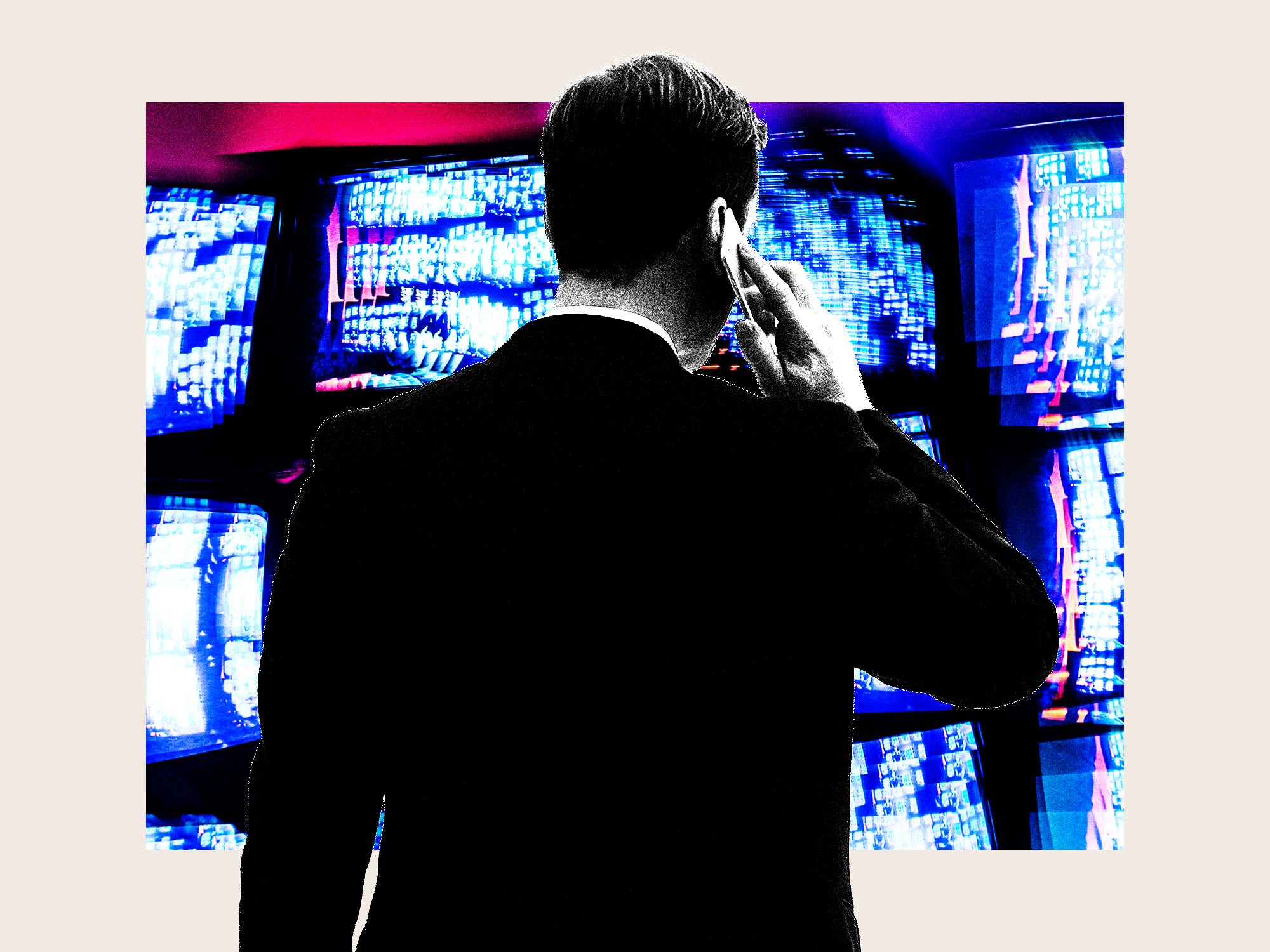 Back view of a man in a suit on the phone and a chaotic photo of computer monitors