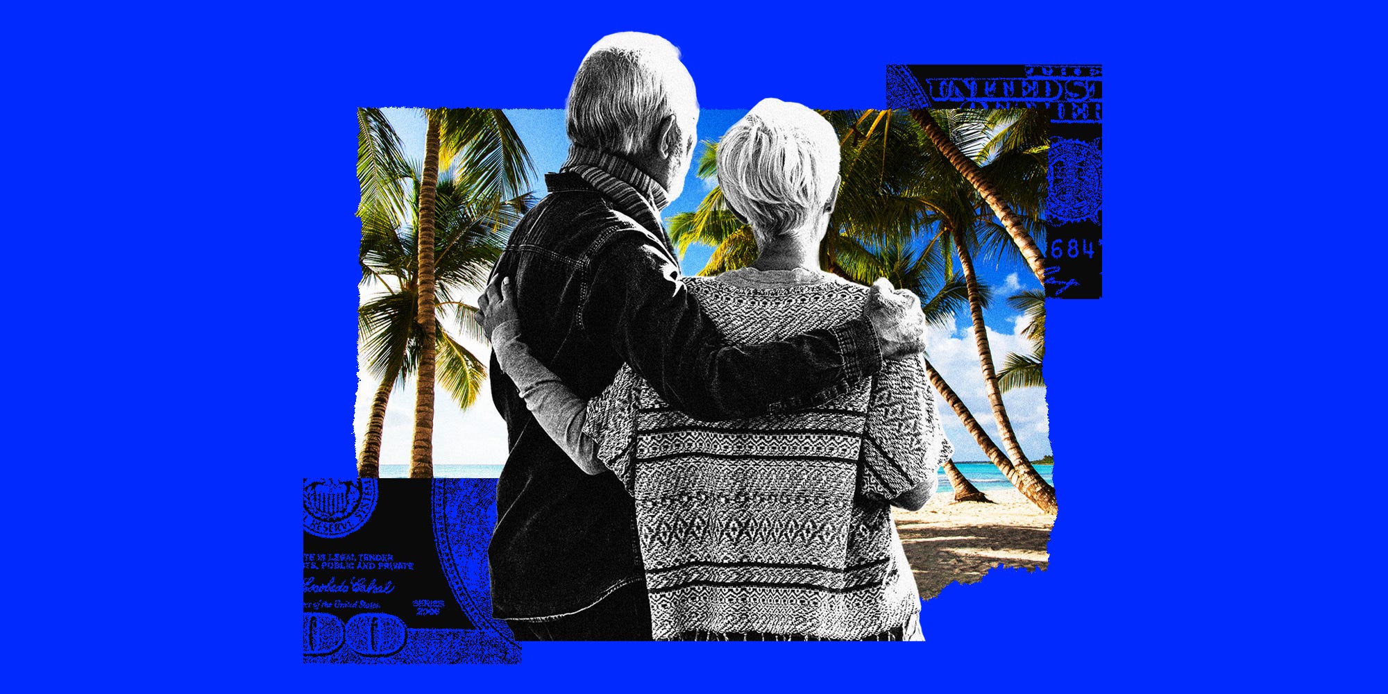 A photo collage of an older couple looking at a tropical beach