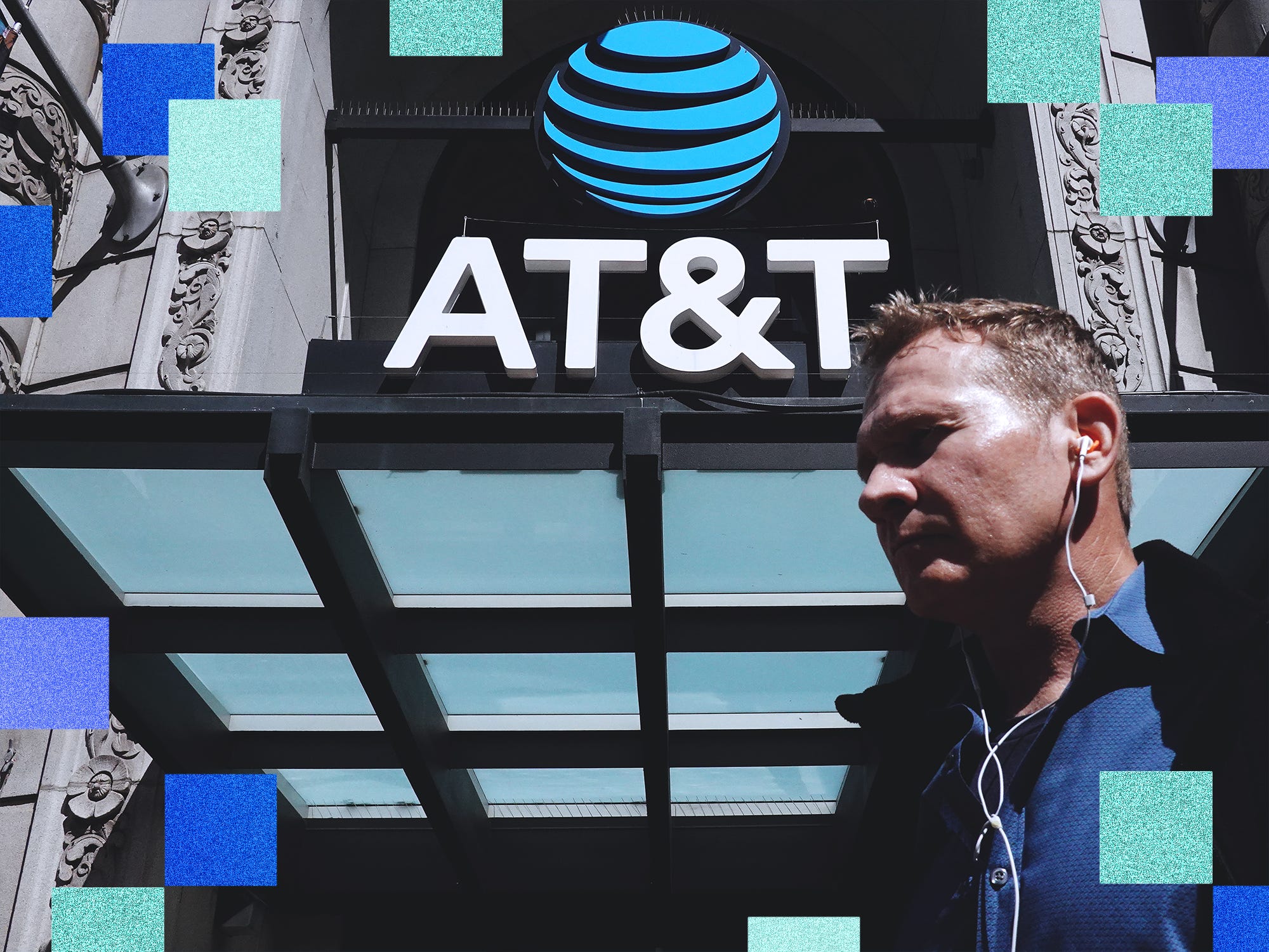 A graphically treated image with a man walking in front of an At&t store.