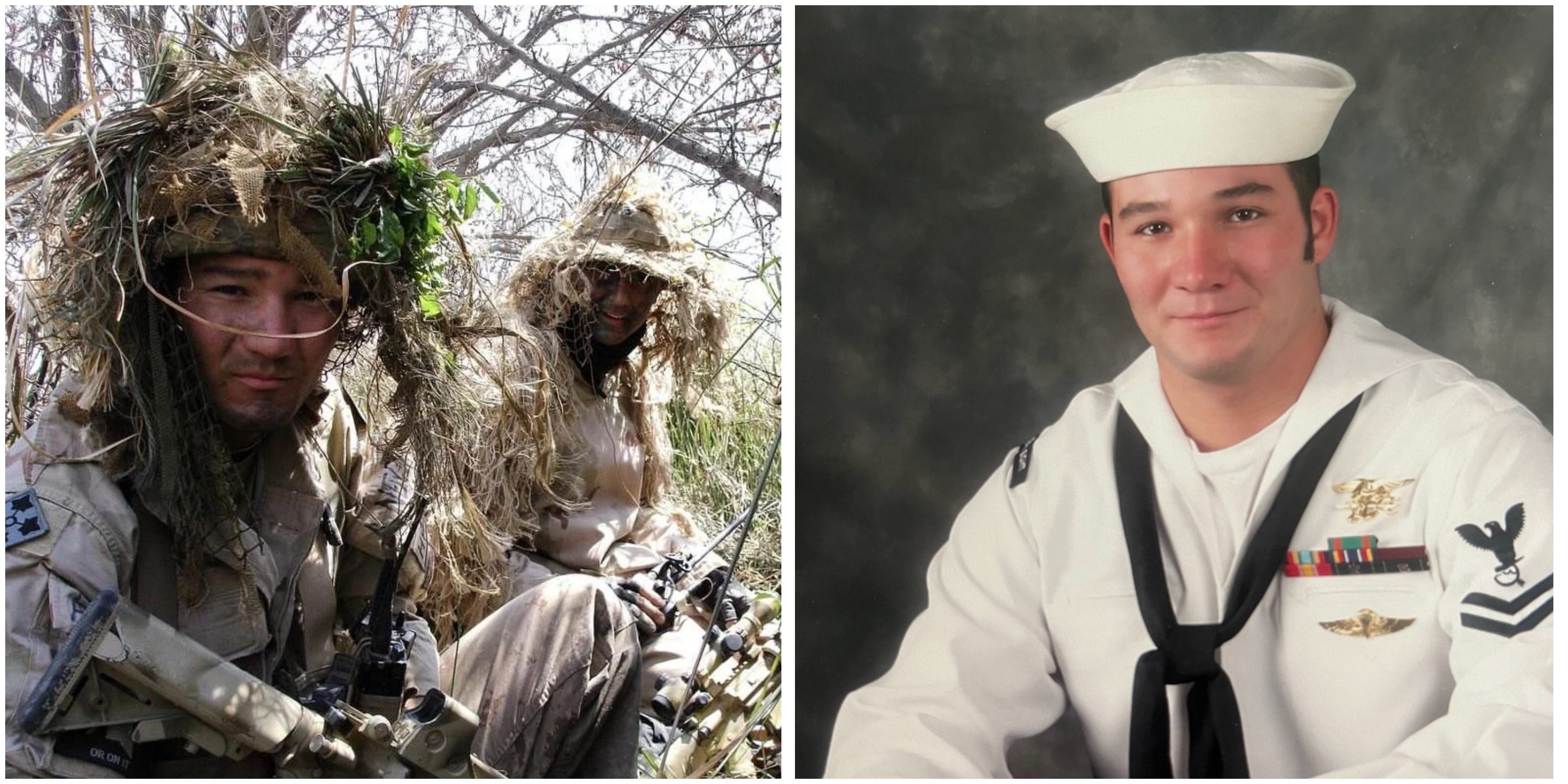 side by side images of shawn ryan in military attire (left) and his navy seal uniform (right)