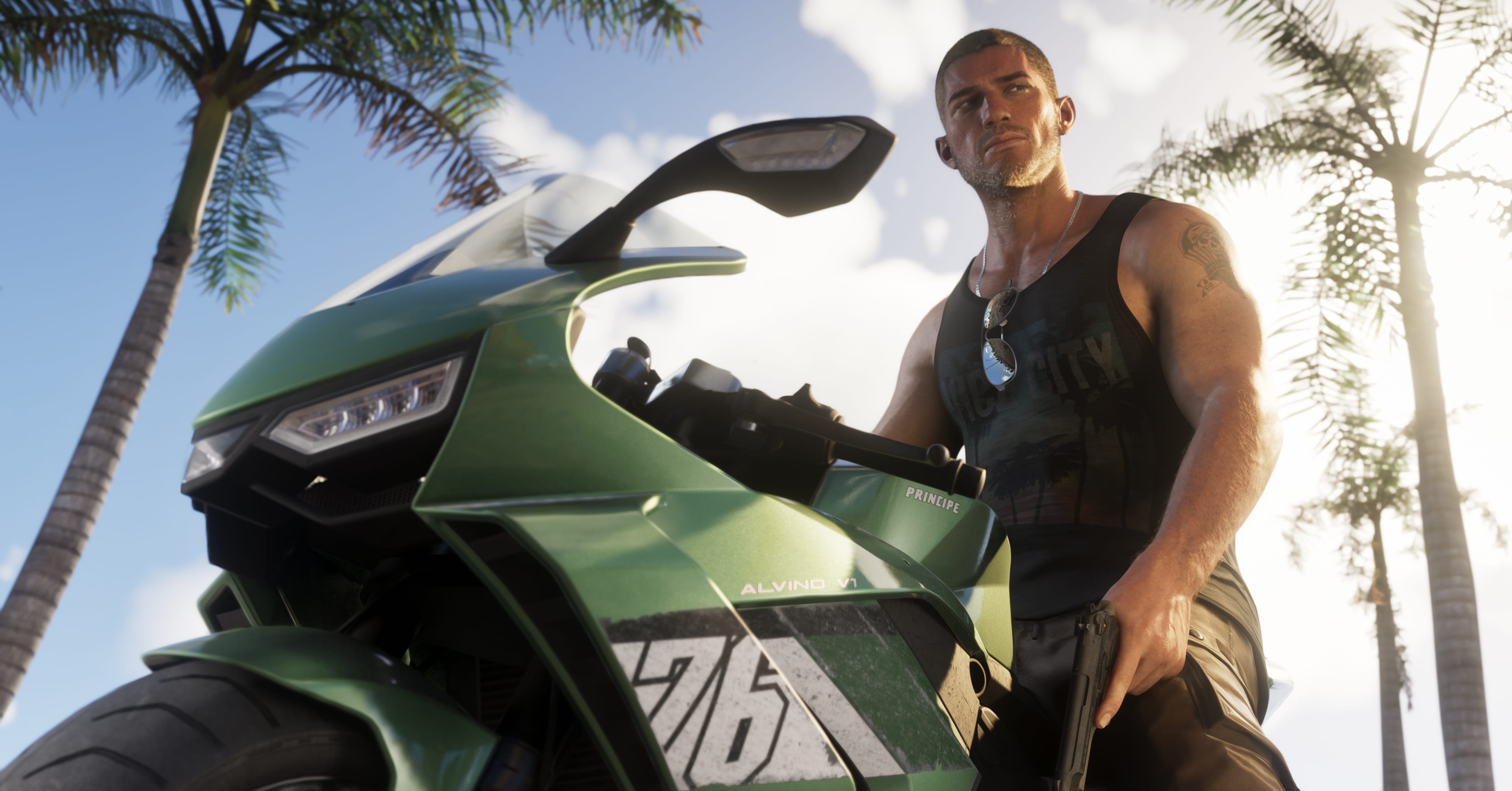 Jason Duval sits on a motorcycle in GTA 6