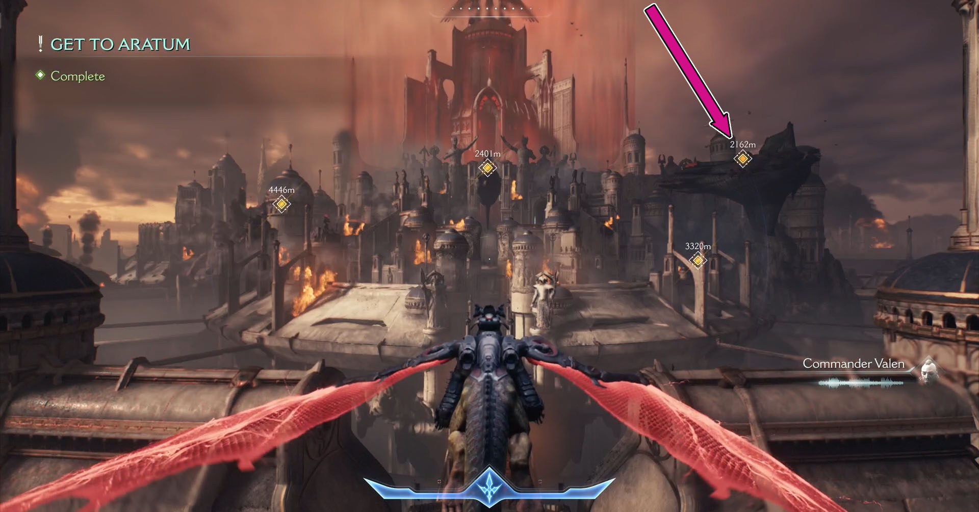 A Doom: Dark Ages screenshot showing the character flying on their cyberdragon and a pink arrow on the right side of the image poiting to a specific ship.