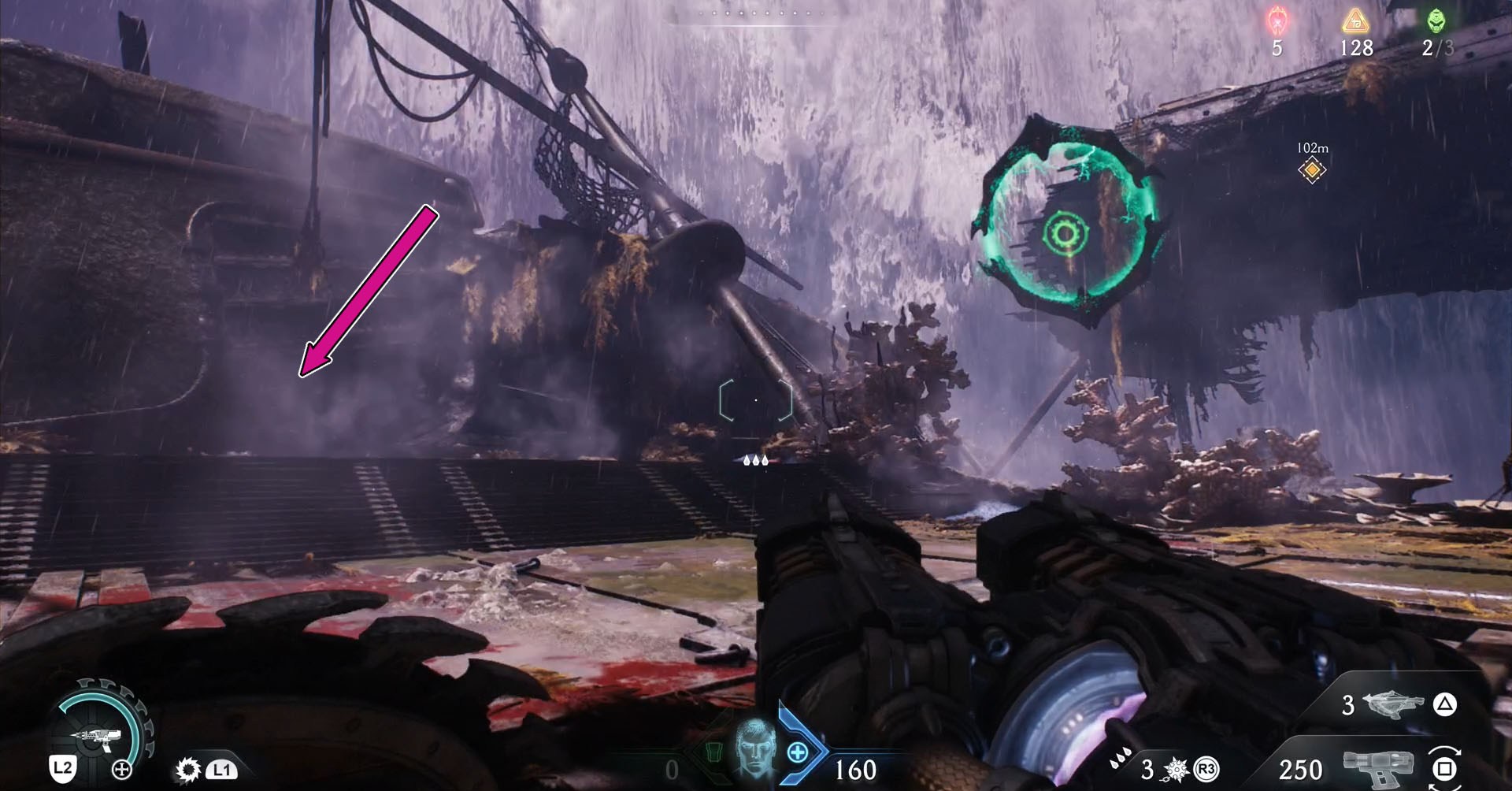 A Doom: The Dark Ages screenshot showing a green gate floating and a pink arrow poiting to the left side. 