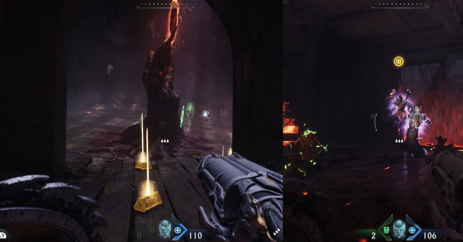 A montage with two screenshots from Doom: The Dark Ages. On the left side, a tree which players must destroy. On the right side, the leader of Chapter 17, a Revenant. 
