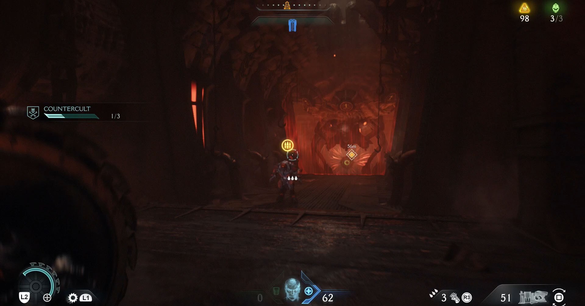 A Doom: The Dark Ages screenshot showing the armored Hell Knight, the leader of Chapter 5.