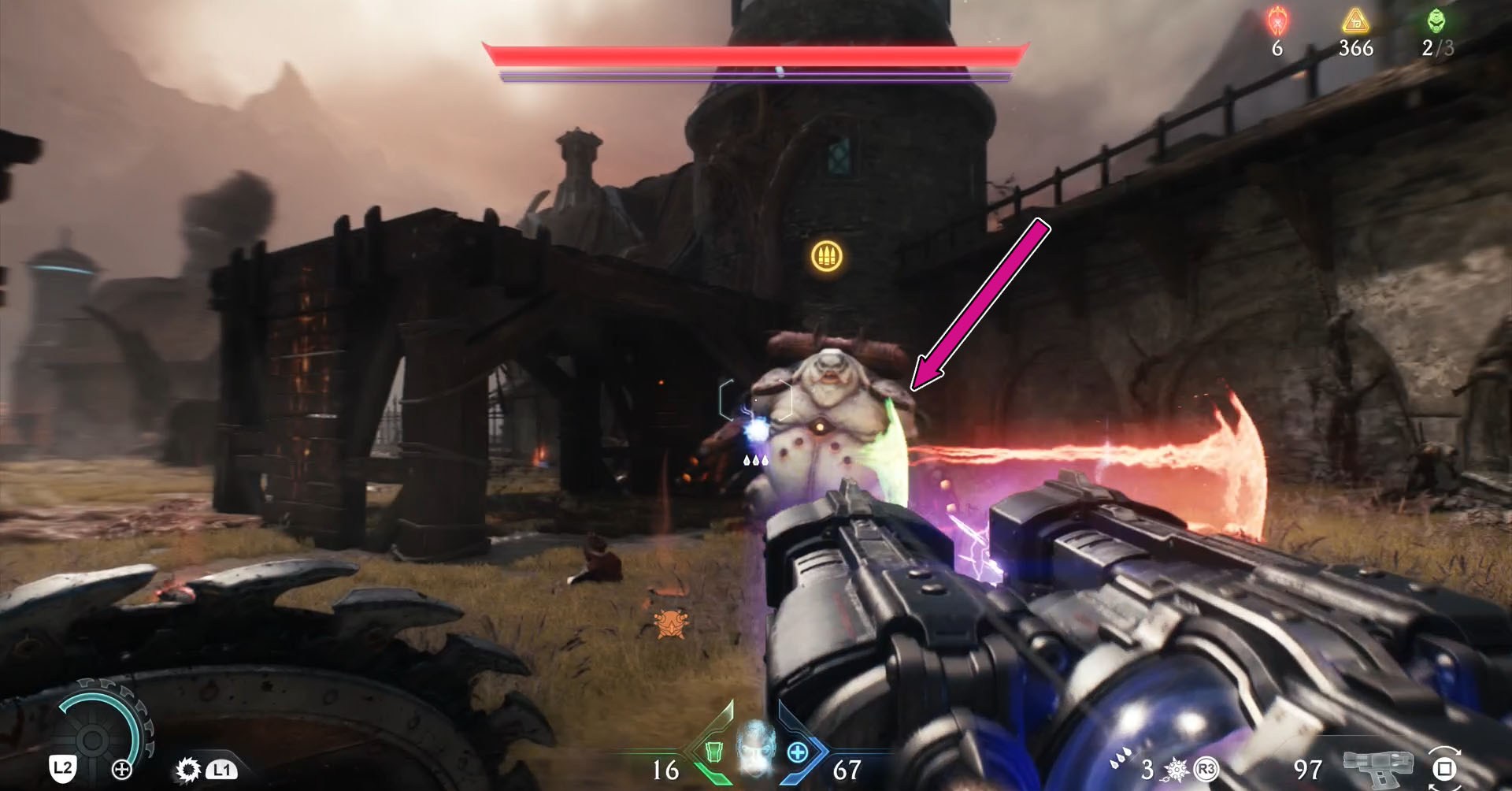 A Doom: The Dark Ages screenshot showing where to parry in the Mancubus’s attack. 