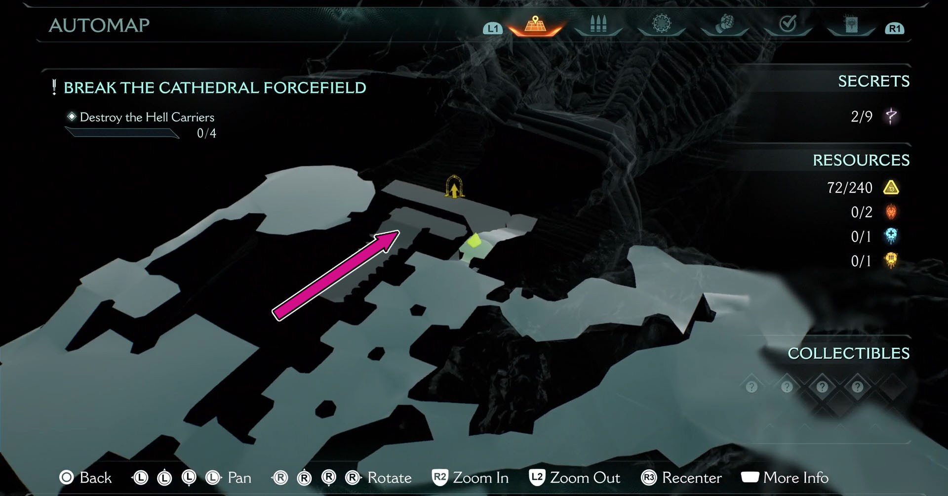 A Doom: The Dark Ages screenshot showing on the map the location of the leader in Chapter 5.