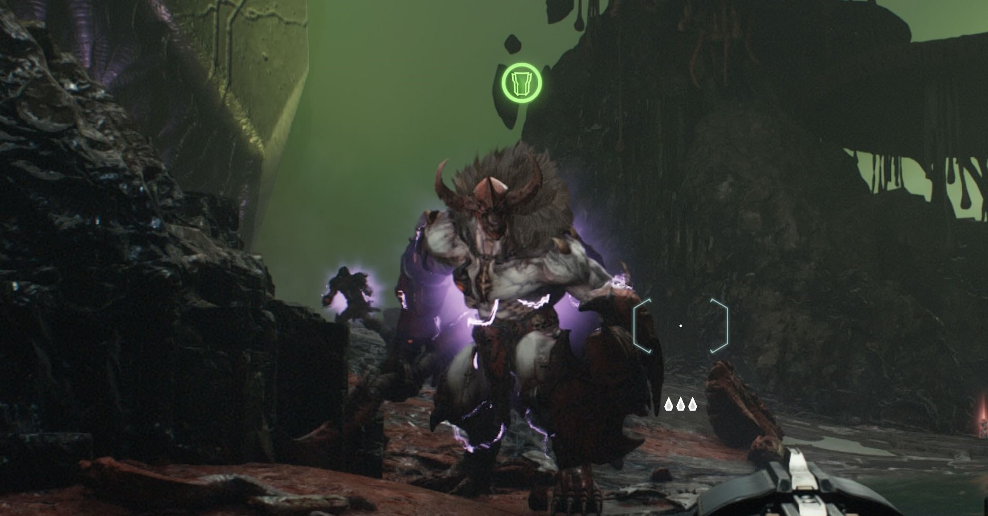 A Doom: The Dark Ages screenshot showing a large demon with an green shield icon above their head. 