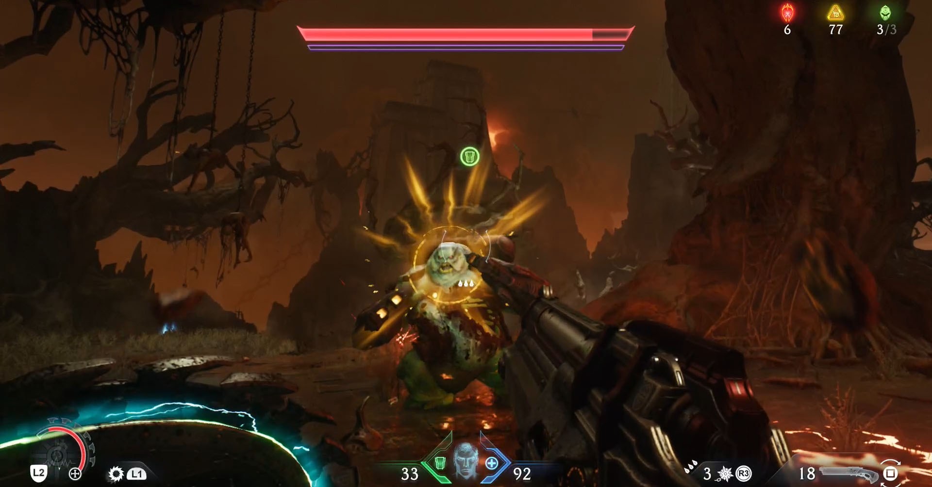 A Doom: The Dark Ages screenshot showing an armored Mancubus with an yellow aura around their head.