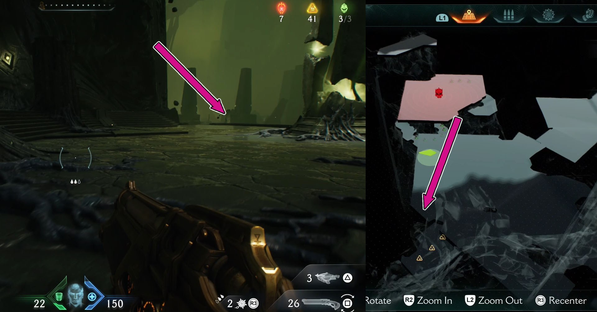 A montage of two Doom: The Dark Ages screenshot. On the left side, you see a pink arrow pointing to the edge across an open area. On the right side there is the map representation of the area and a pink arrow indicating where you must go.