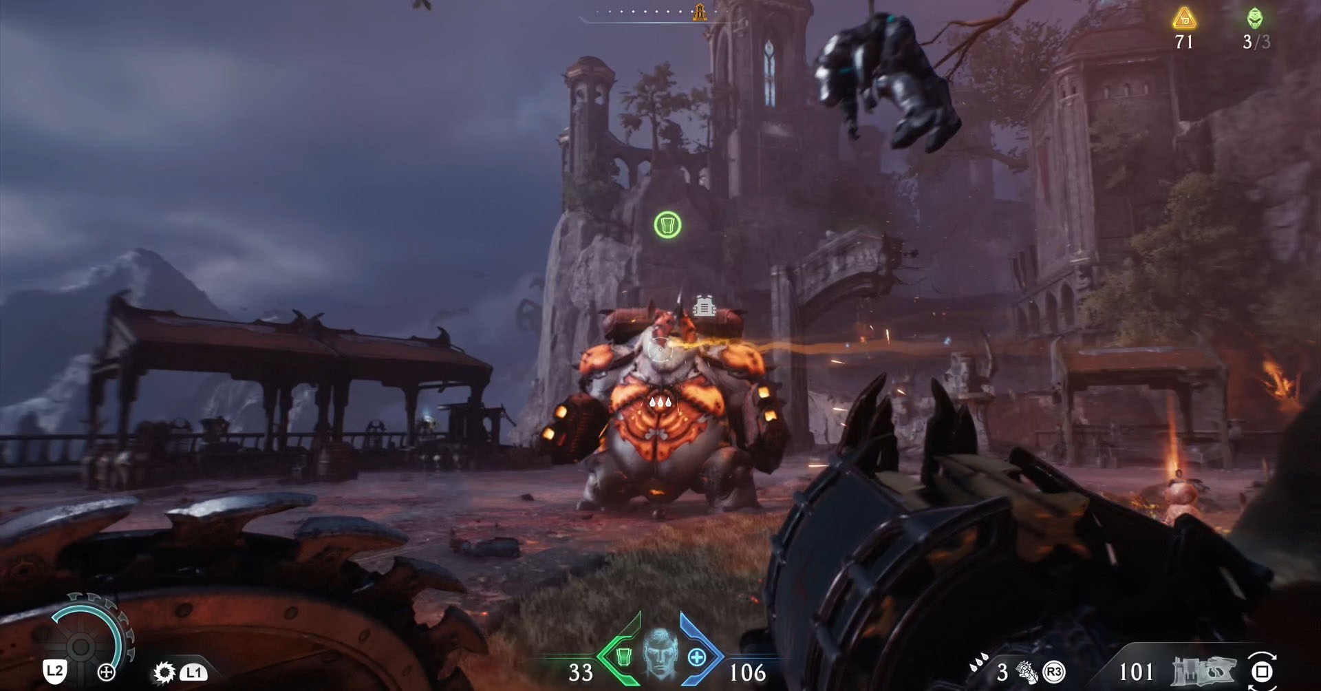 A Doom: The Dark Ages screenshot showing an armored Mancubus, the leader of chapter 4.