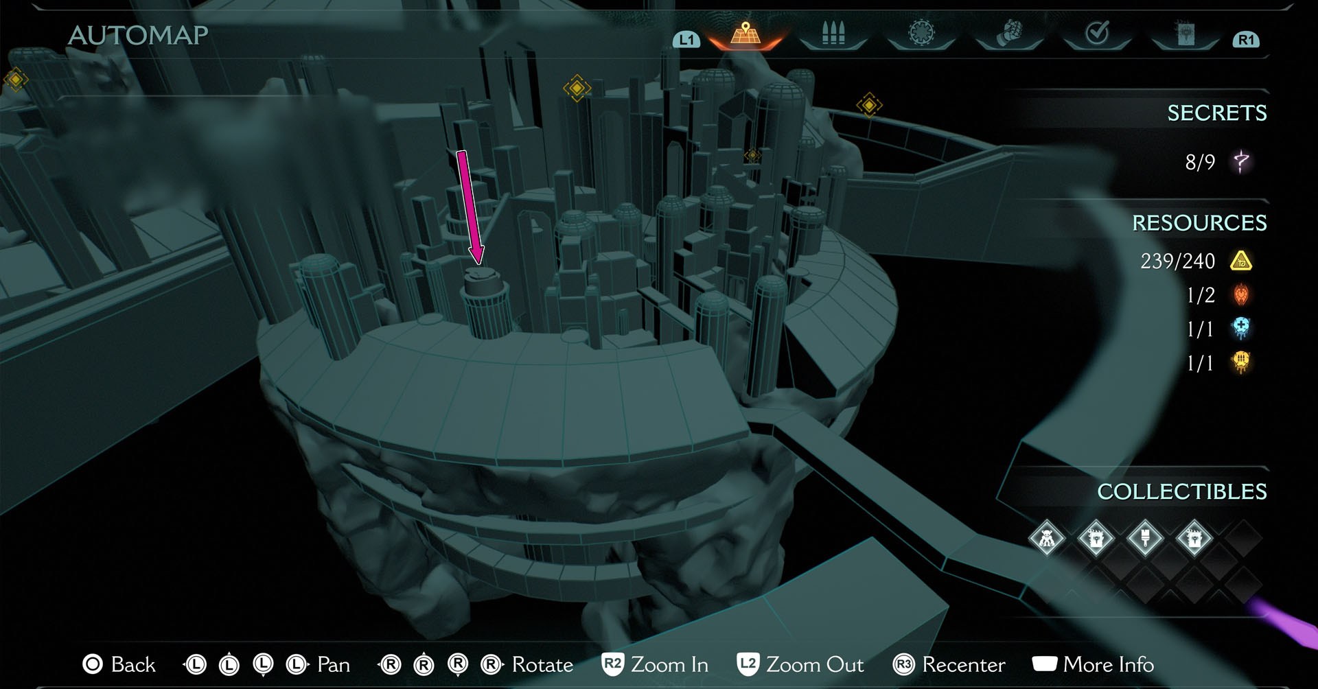 The image shows a representation of the Holy City of Aratum in 3D. I tis a map and an pink arrow marks a tower on the left side where the first secret landing spot is located.