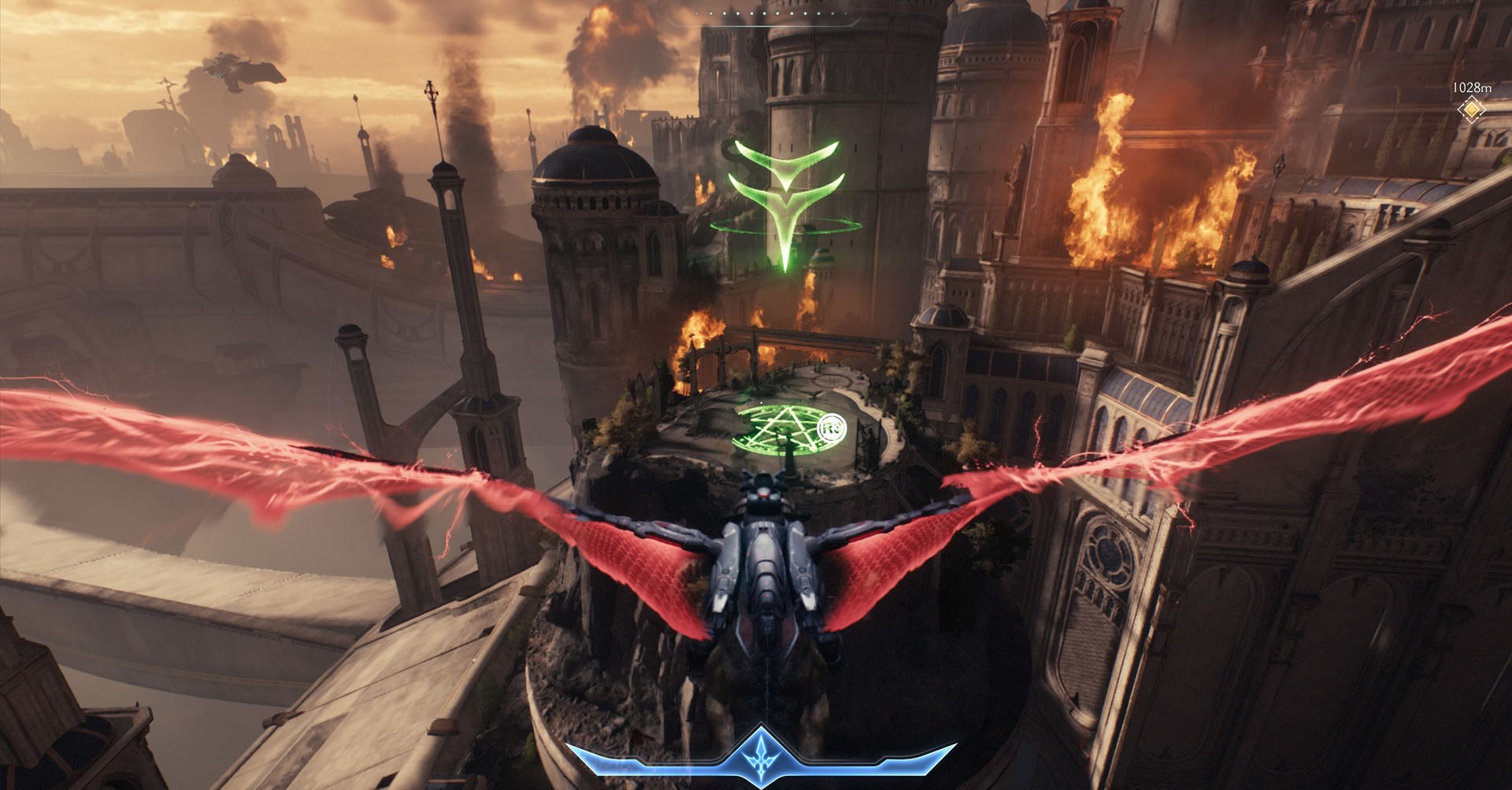 A screenshot from Doom: The Dark Ages showing a landing spot marked by a green arrow and the main character hovering in front of it on the back a dragon.