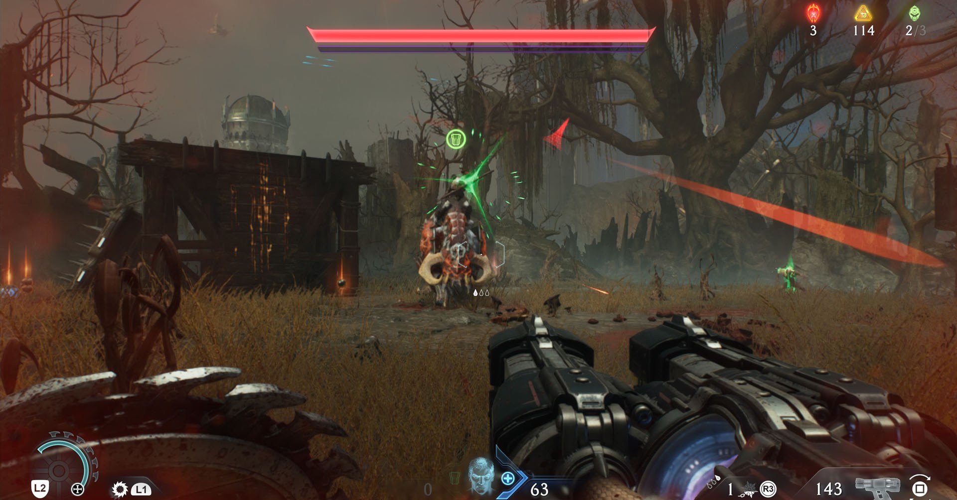 A Doom: The Dark Ages screenshot showing an enemy charing an attack marked by a green light. They are riding an armored hellhound.