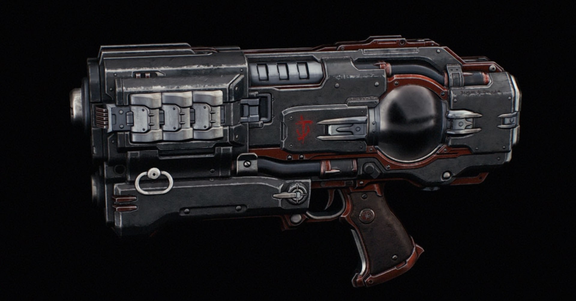 A small pistol with details in red. It shoots plasma projectiles. There is a sphere of glass in the pistol’s body, where the plasma is kept during fights in Doom: The Dark Ages.