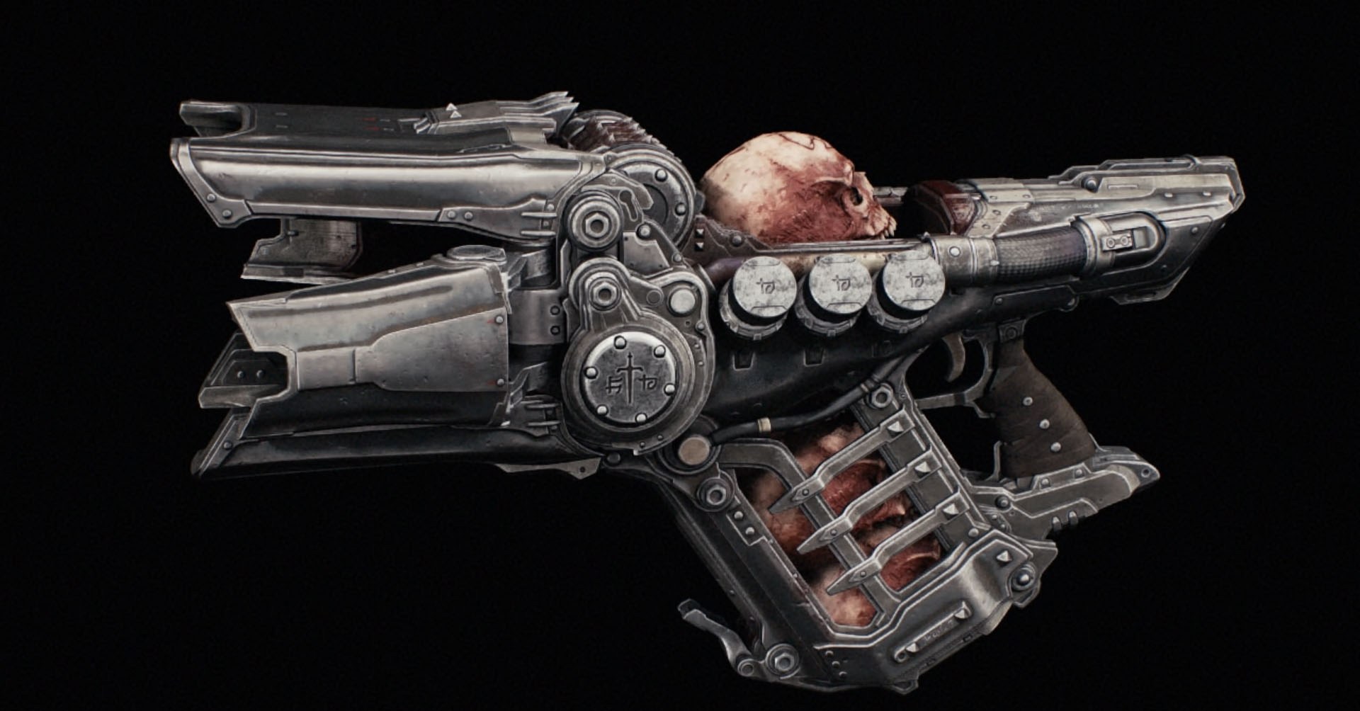 A large gun that resembles a blower. In it, there is a casket where skulls are kept. This weapon crashes the bones and shoots the shards instead of using regular ammo. A grim gun in Doom: The Dark Ages.