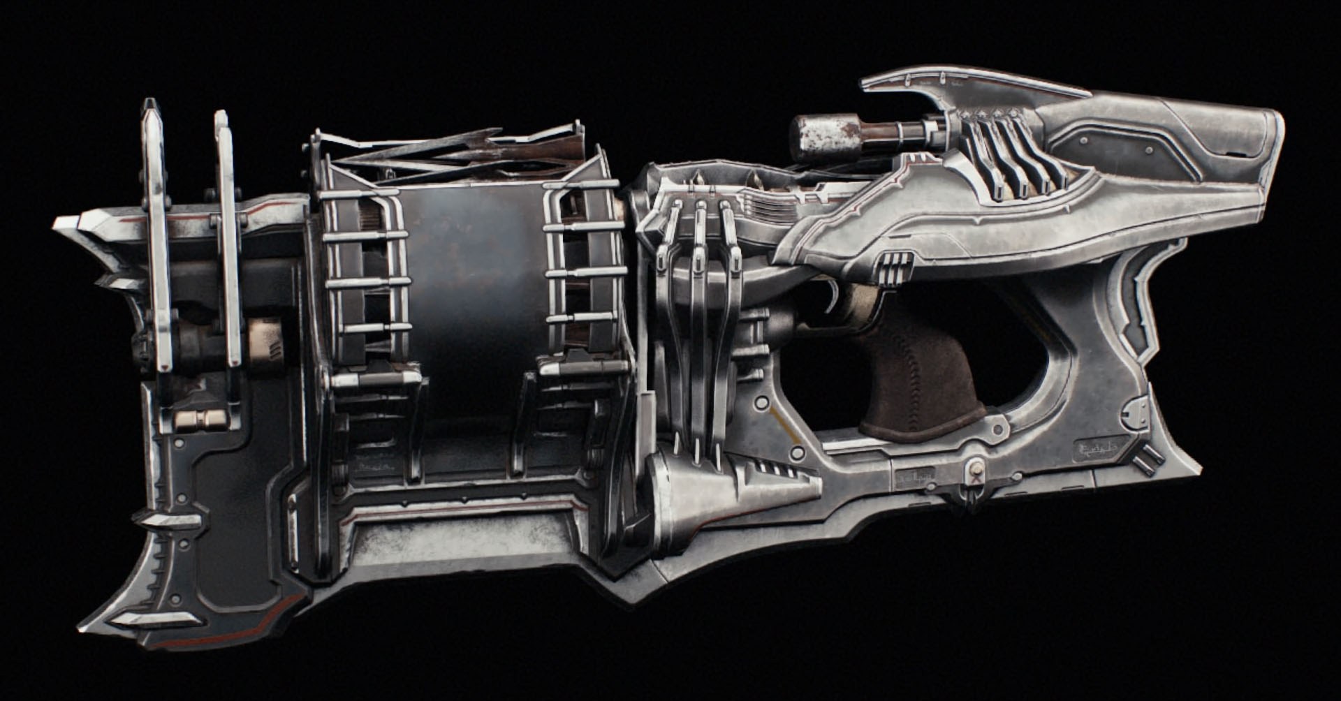 The image shows a weapon from Doom: The Dark Ages that resembles a submachine gun. It has large slot for buttlets in the frontal part.