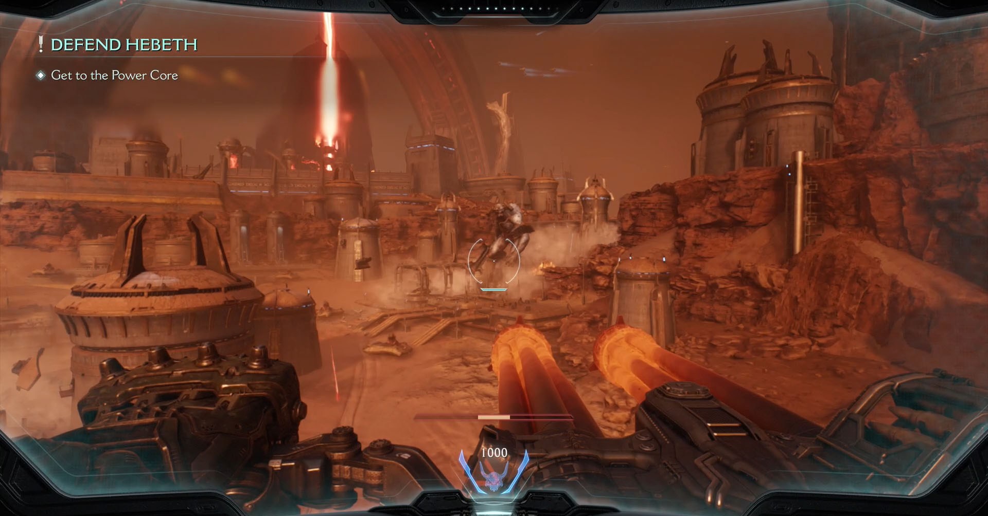 The image shows the perspective of the cockpit of the giant robot called Atlan in Doom: The Dark Ages. You can see a double-barrel machine gun. It is glowing red because the metal is heated.
