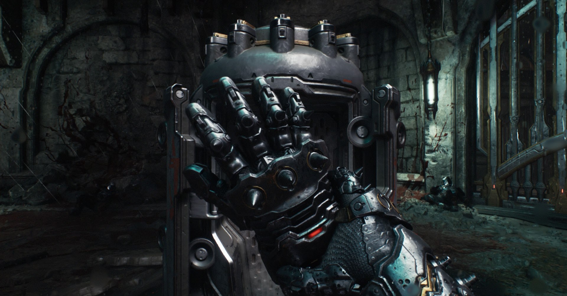 This image shows the Doom Slayer’s hand holding a metal gauntlet. This is one of the melee weapons in Doom: The Dark Ages.