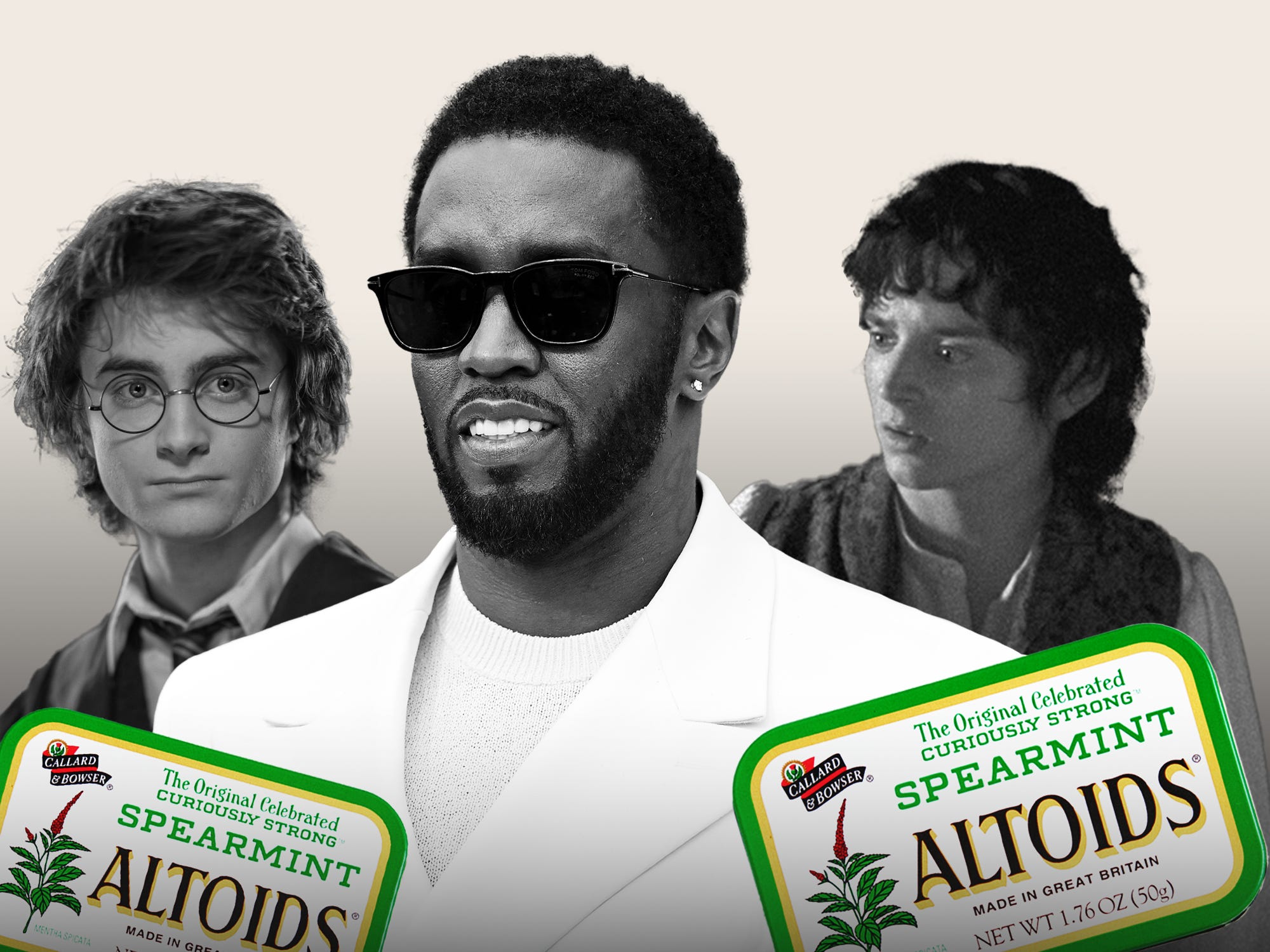 Headshot of Diddy, photos of Harry Potter and the Frodo Baggins from Lord of the Rings in background and two green altoid cases in the front