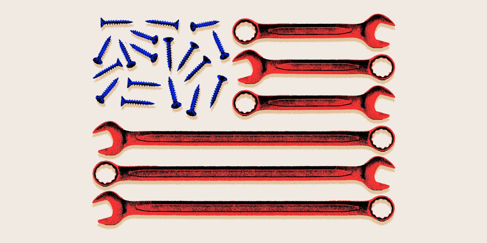A photo illustration of an American flag made up of screws and wrenches