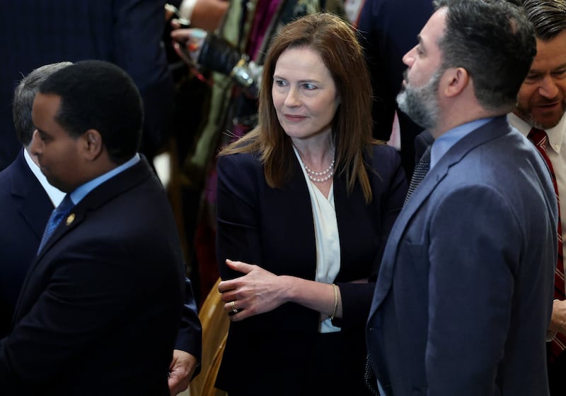 Justice Amy Coney Barrett at the inauguration of President Donald Trump in January. She was appointed by Trump in 2020, in the final months of his presidency.