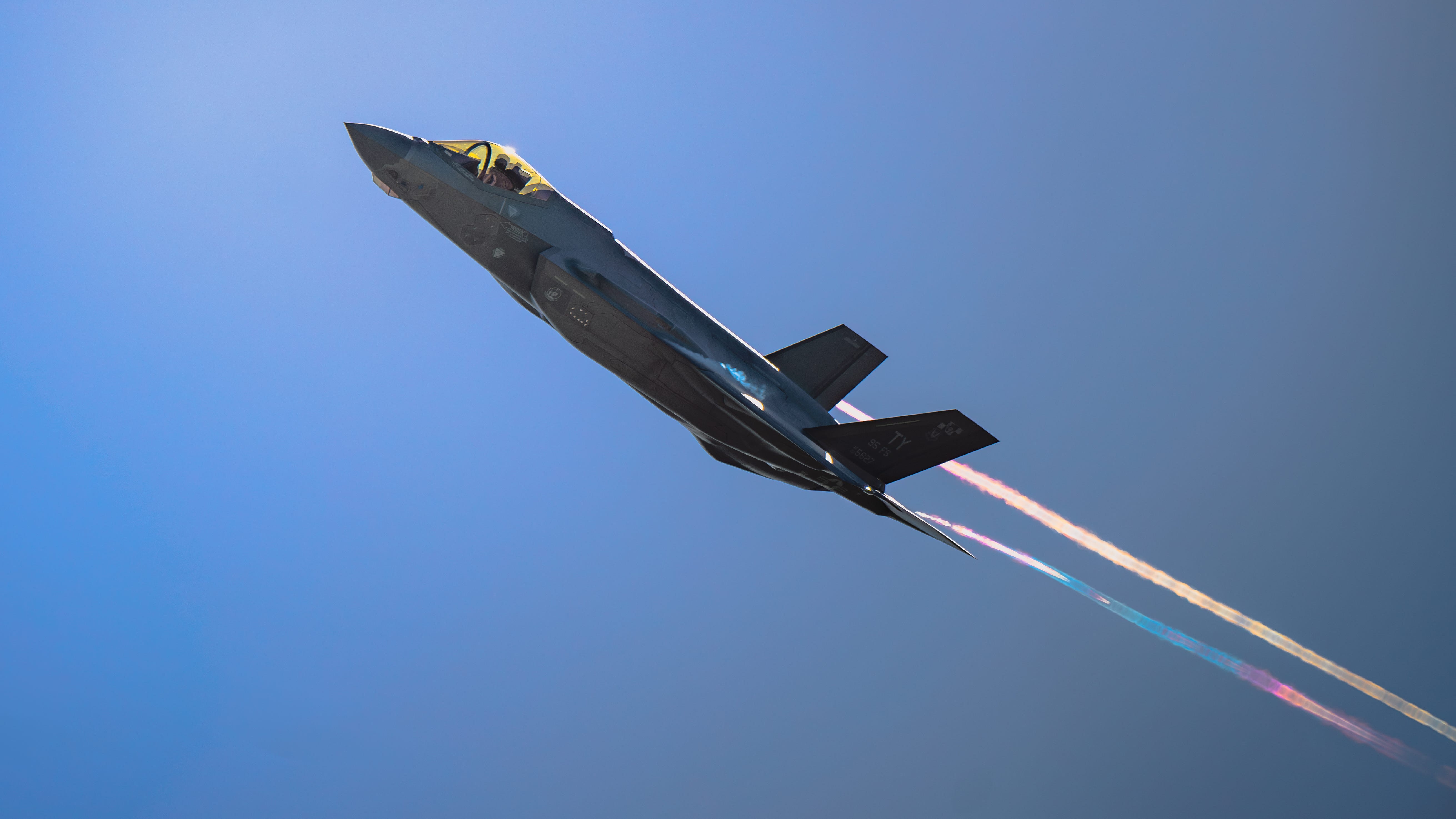 A U.S. Air Force F-35A Lightning II assigned to the 95th Fighter Squadron, flies during Checkered Flag 25-2 at Tyndall Air Force Base, Florida, May 14, 2025. Checkered Flag, a large-scale aerial exercise, hones the skills of aviators and maintainers, ensuring they remain the most lethal combat force.