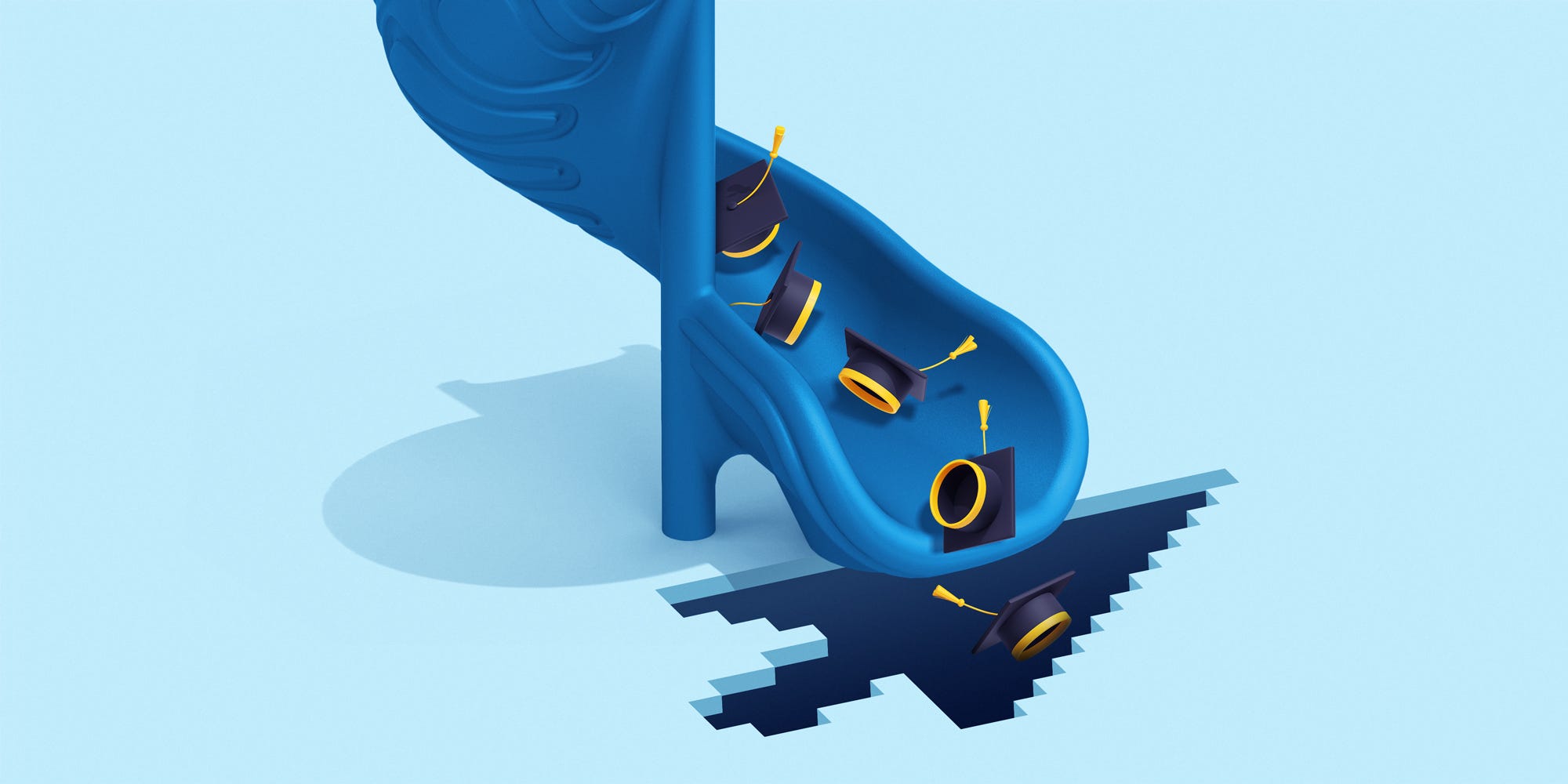 Illustration of graduation caps falling down a slide and into a hole.