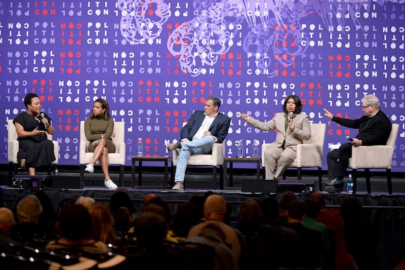 Yamiche Alcindor (far left) and April Ryan (second from right) speak onstage during a panel at Politicon on October 27, 2019 in Nashville, Tennessee.