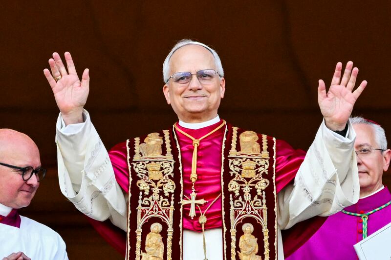 Newly elected Pope Leo XIV, Robert Prevost arrives on the main central loggia balcony of the St Peter's Basilica