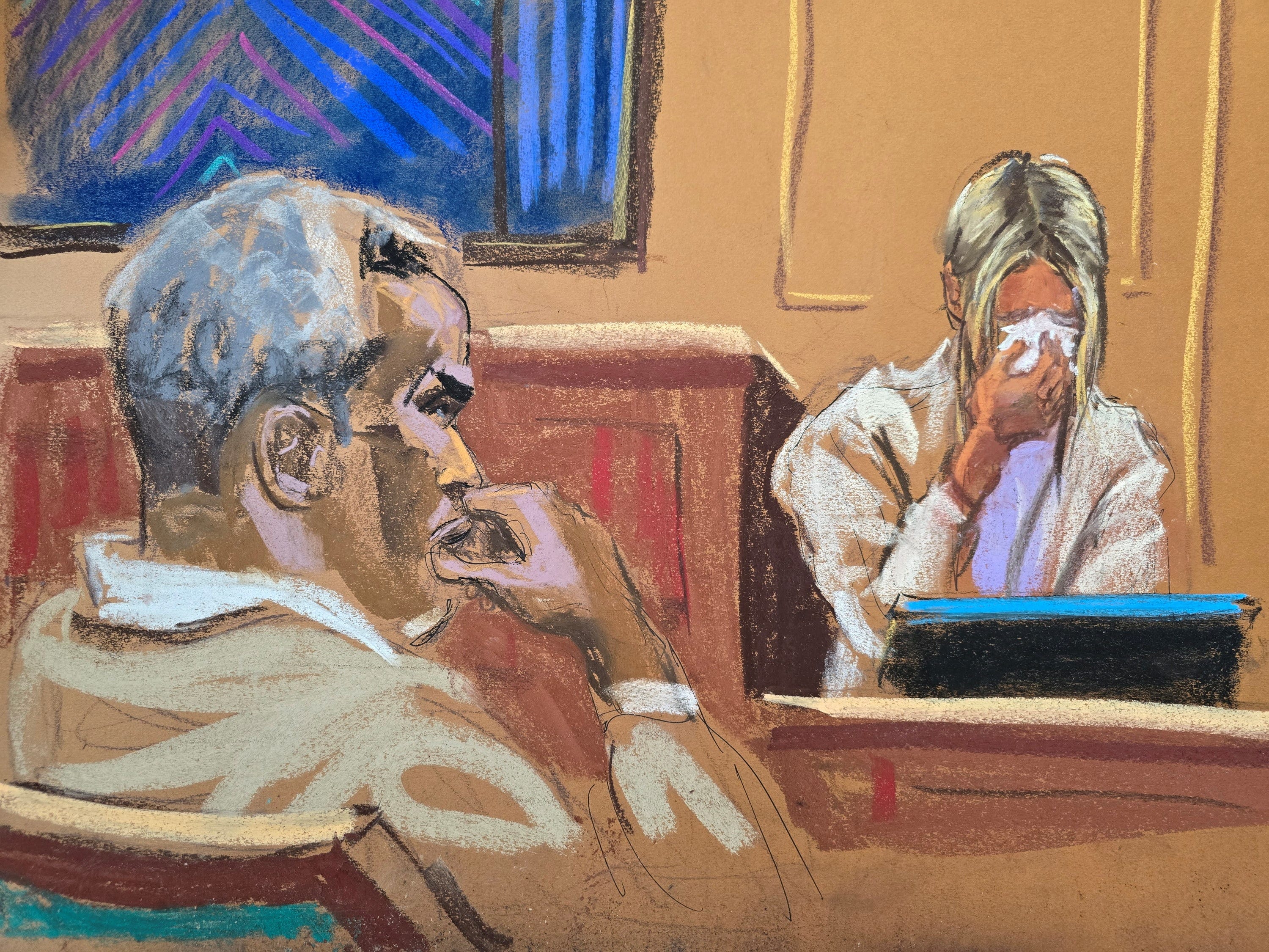 In this courtroom sketch, Sean "Diddy" Combs listens from the defense table at his sex-trafficking and racketeering trial as one of his former employees, testifying under the pseudonym "Mia," describes a series of sexual attacks she said she suffered between 2009 and 2017.