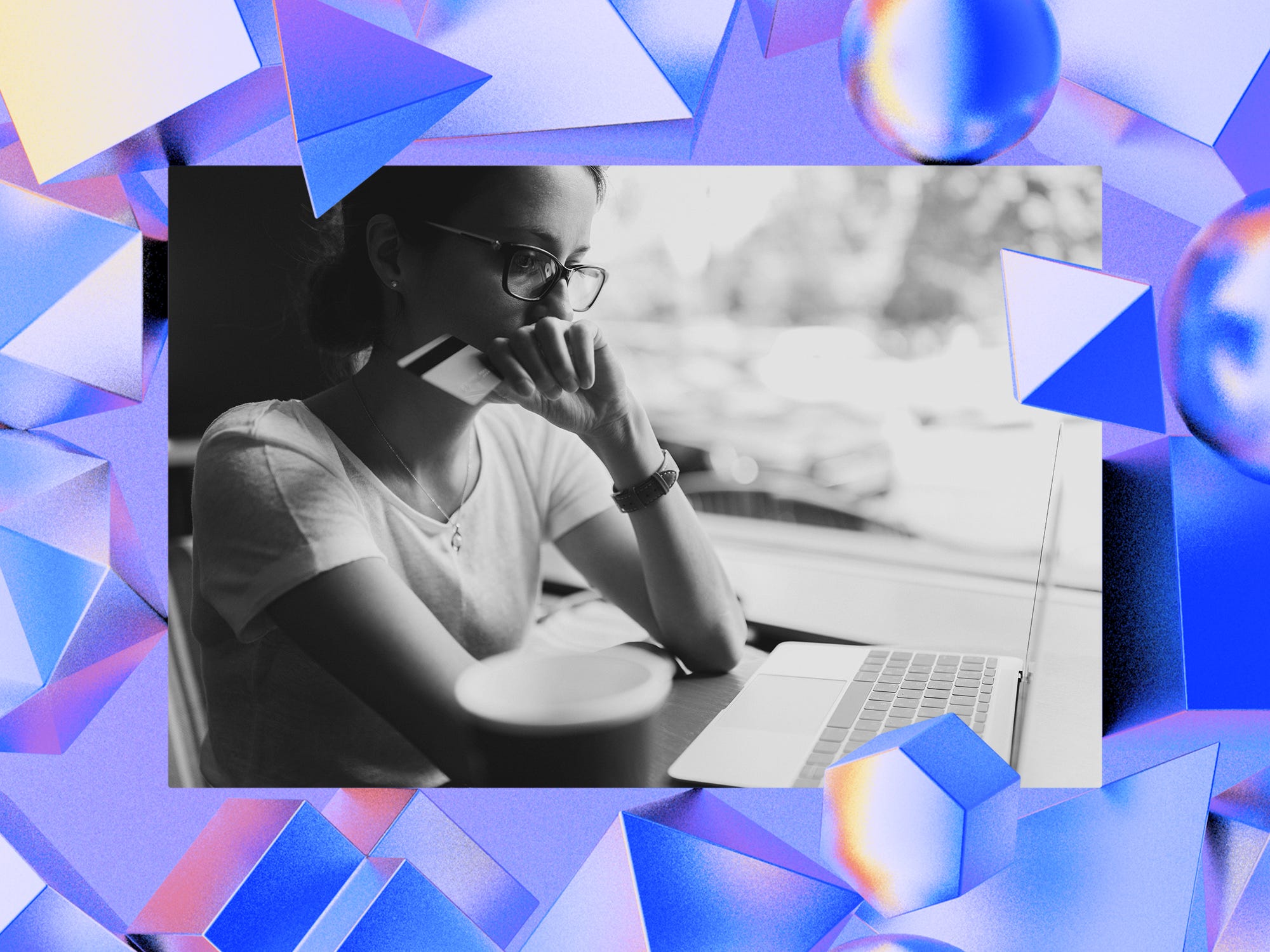 A graphic with a black-and-white photo of a woman holding a credit card and looking at a laptop in the center, surrounded by a border of abstract shapes.