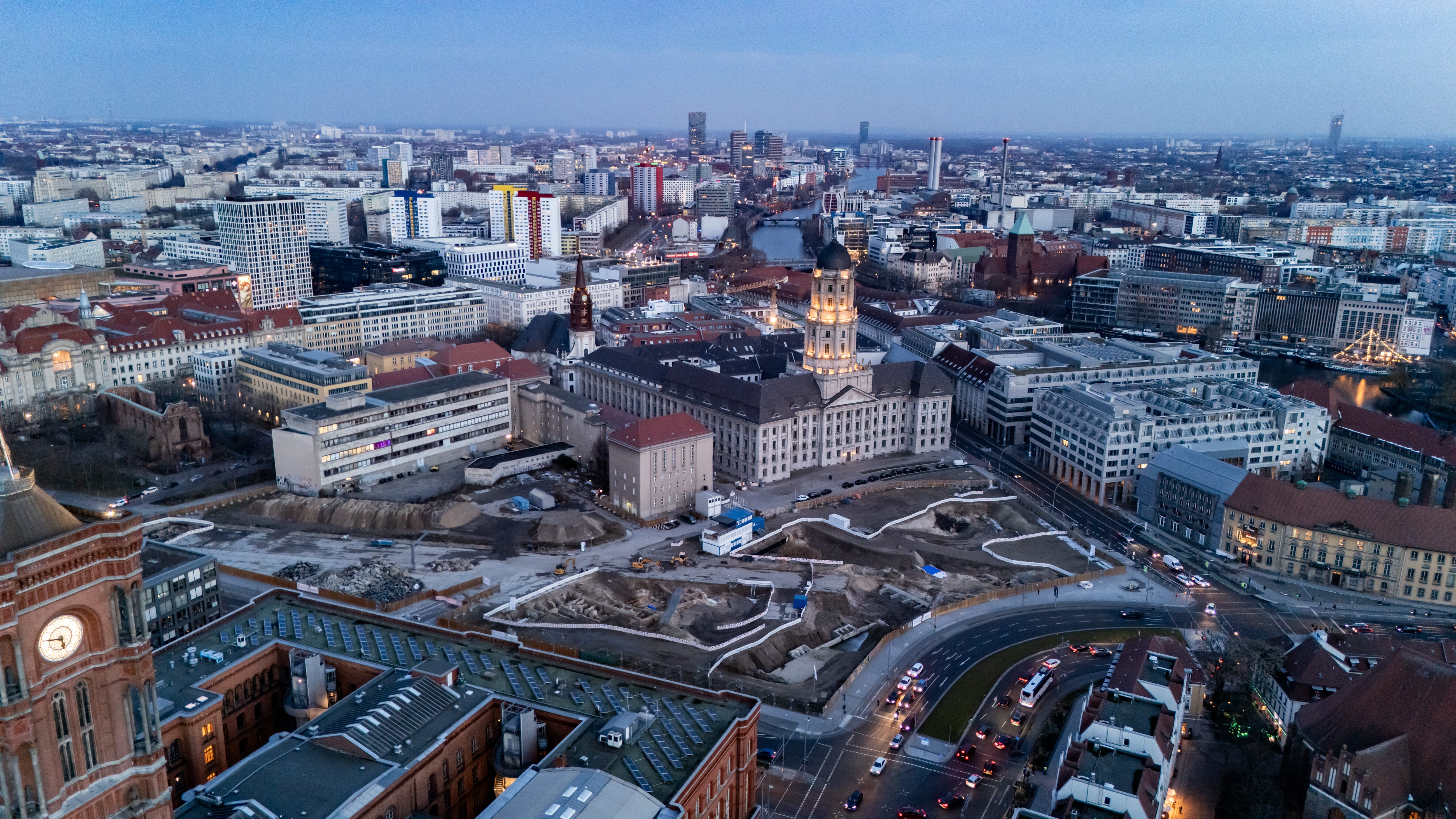 An aerial drone view of the old City House and the Molkenmarkt in Berlin, Germany.