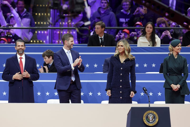 Donald Trump Jr., Eric Trump, Lara Trump, and Ivanka Trump attend a rally on the inauguration day of U.S. President Donald  Trump's second Presidential term, inside Capital One, in Washington, U.S. January 20, 2025.