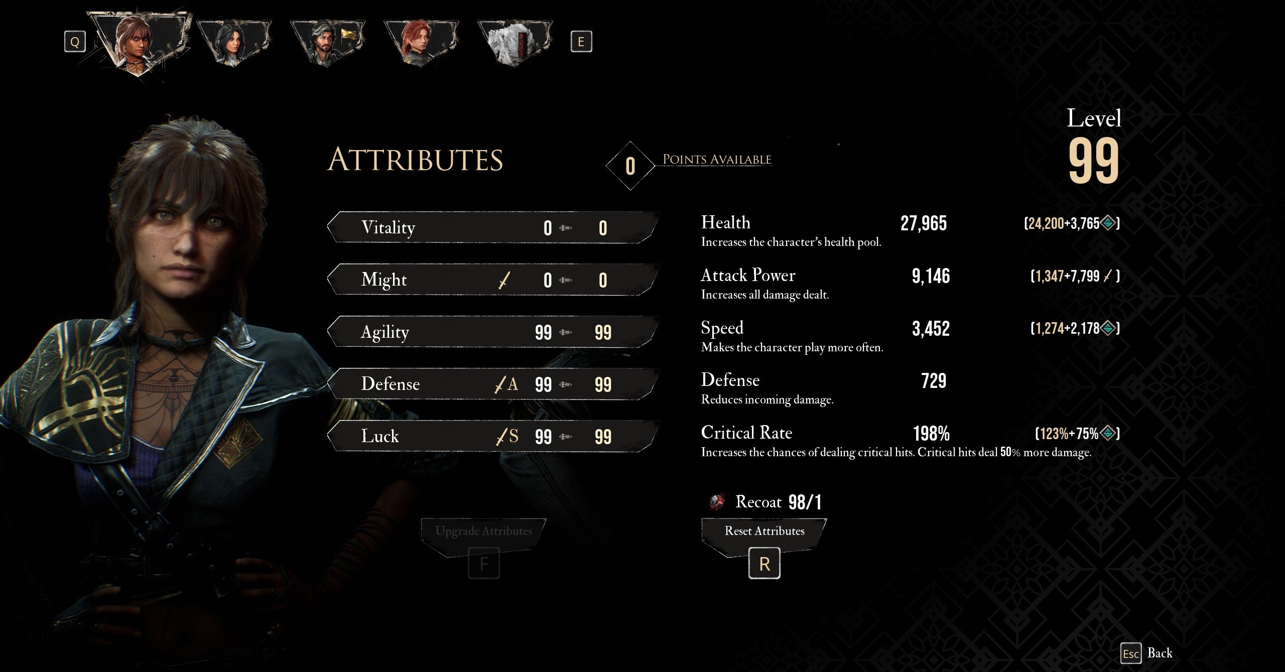 A menu shows the best attributes for Sciel in the best Sciel build in Clair Obscur Expedition 33