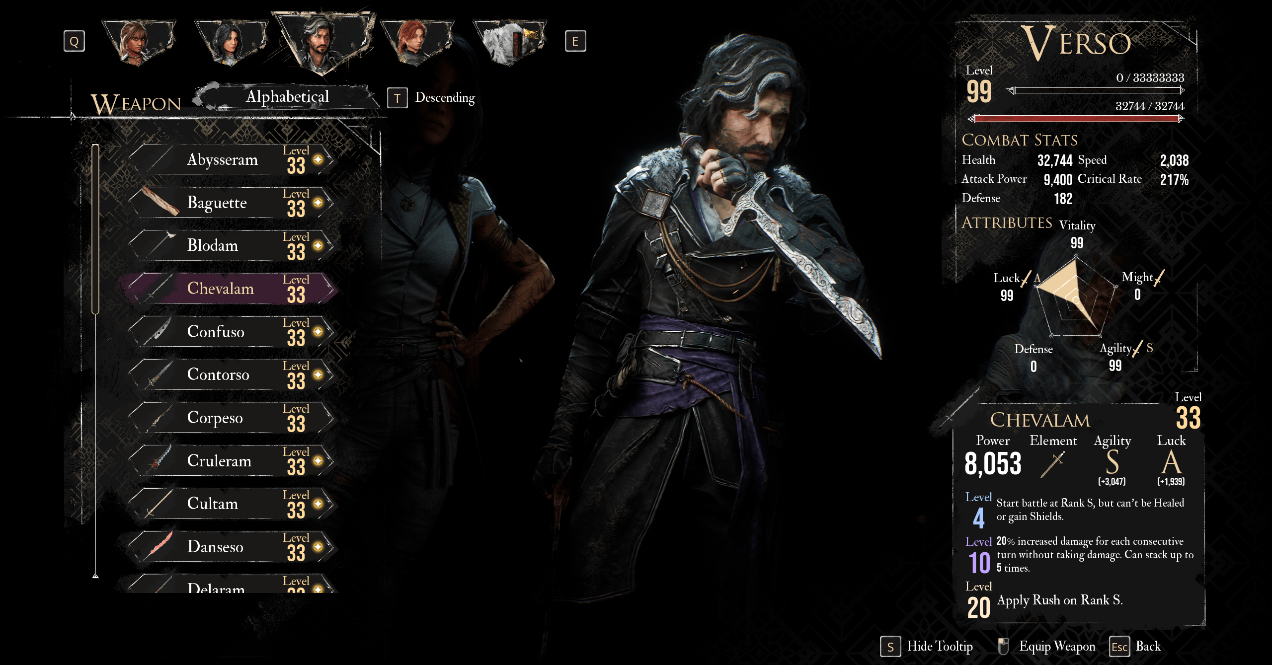 A menu shows the best weapon for Verso in the best Verso build in Clair Obscur Expedition 33