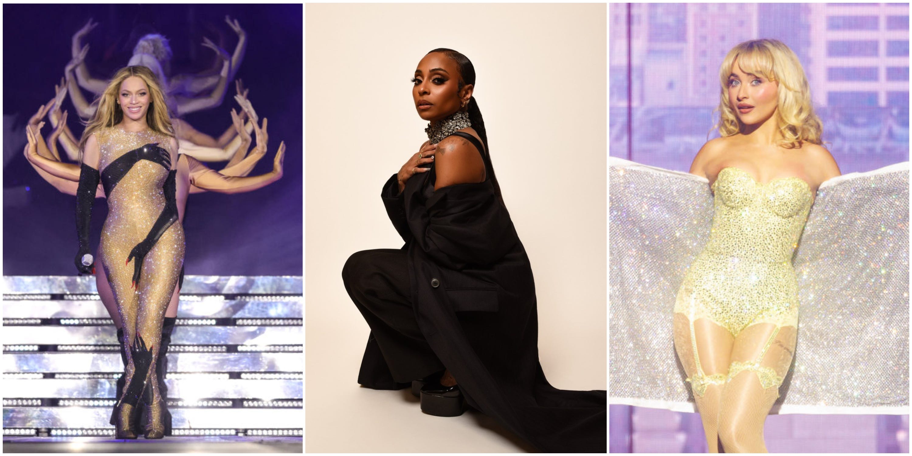 A composite image. On the left, Beyonceé. In the middle, a woman kneels. On the right, Sabrina Carpenter.