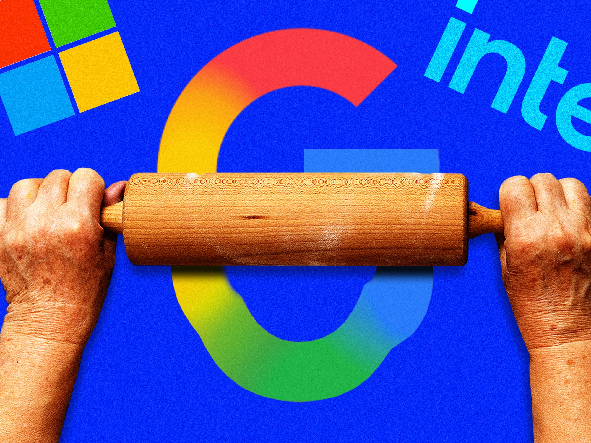 A google, Microsoft, and Intel logo being flattened